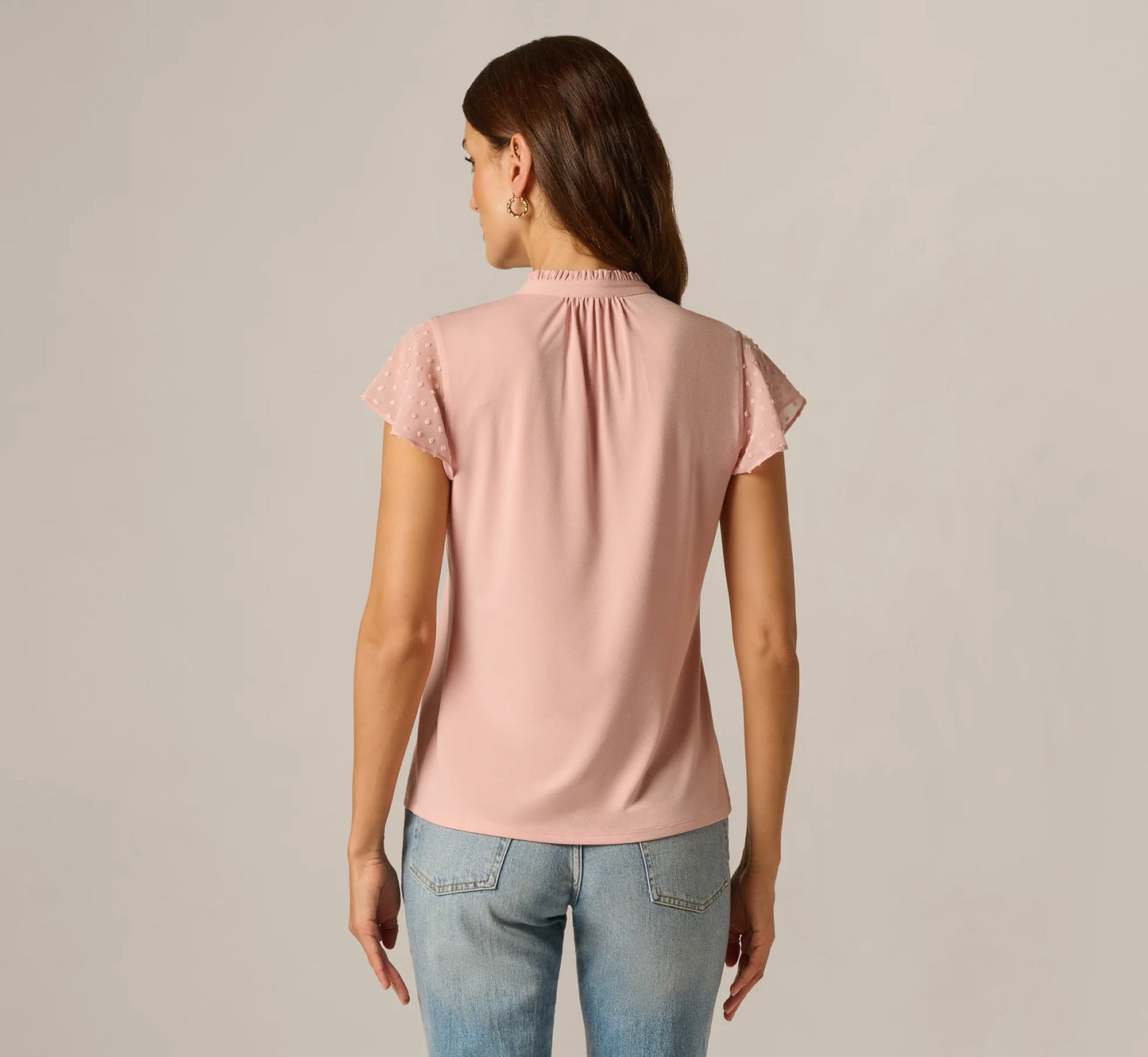 Flutter Sleeve Tie Collar Yoke Top In Rose Dust