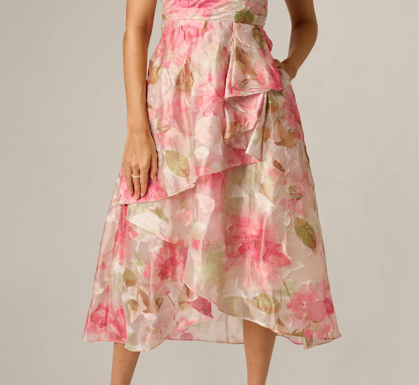 Floral Organza Cascade High Low Midi Dress In Sage Multi