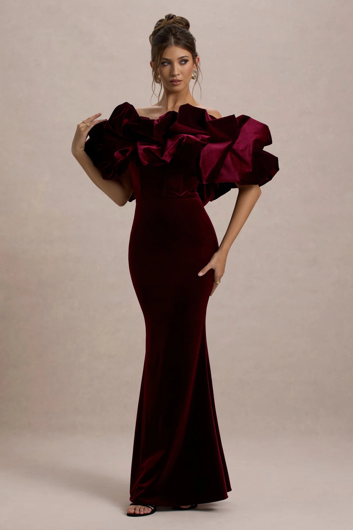 Cecily Port Velvet Bardot Maxi Dress With Velvet Ruffle Trim