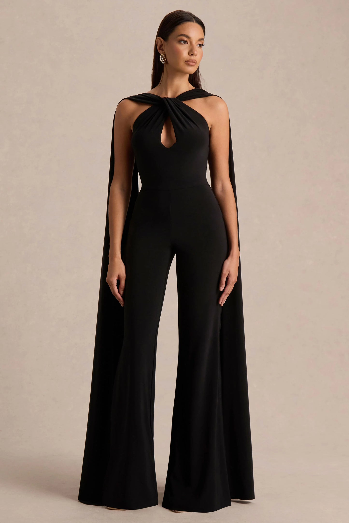 Mindy Black Twist Halter-Neck Jumpsuit With Cape