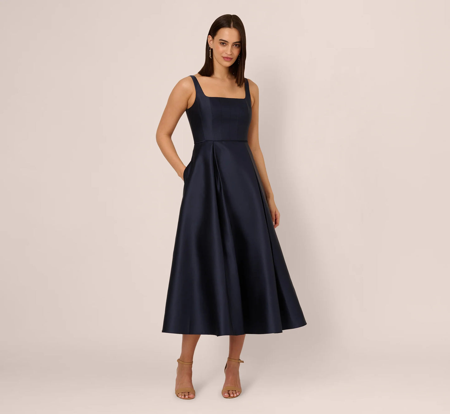 Mikado Sleeveless Square Neck Midi Dress In Midnight