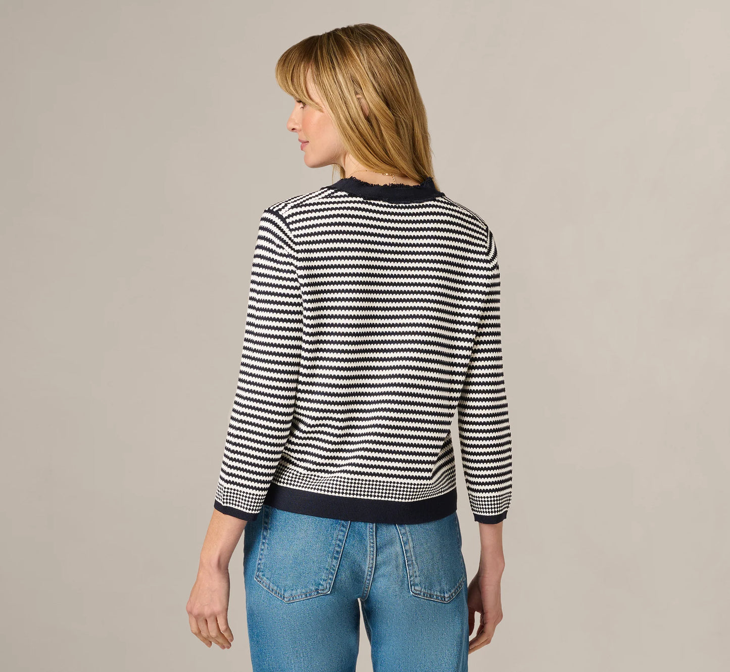 Fringe Trim Cardigan Sweater In Navy Ivory