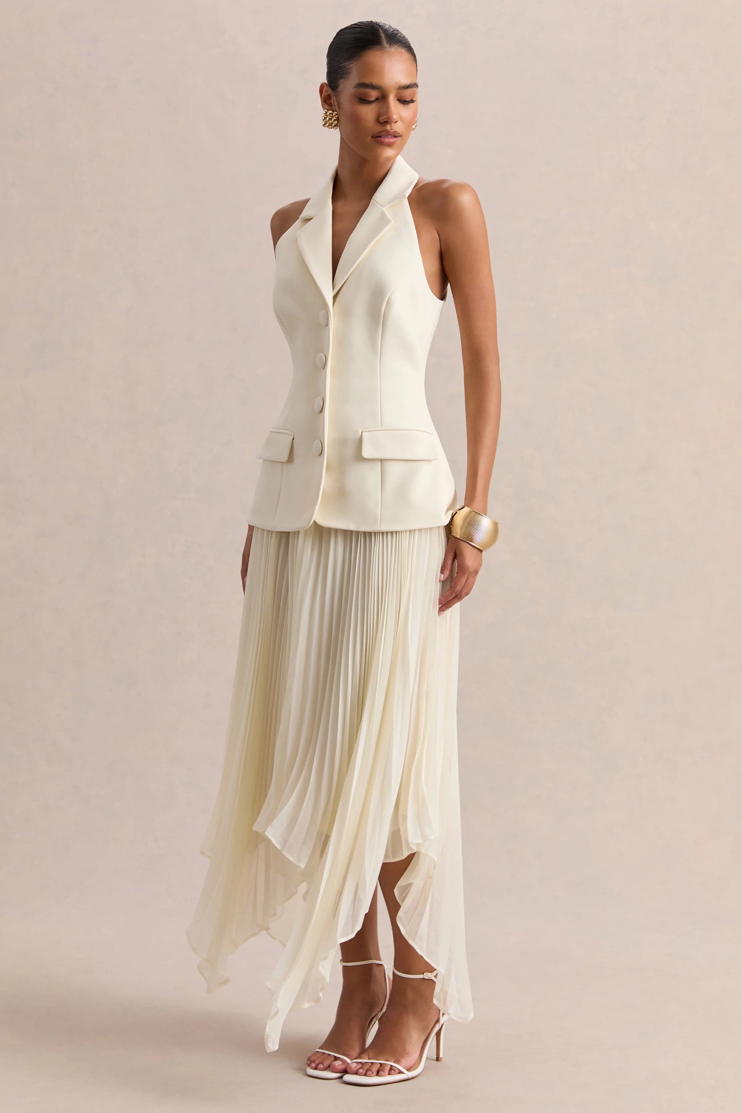 Marvelle Cream Plunge-Neck Maxi Dress With Hanky Hem