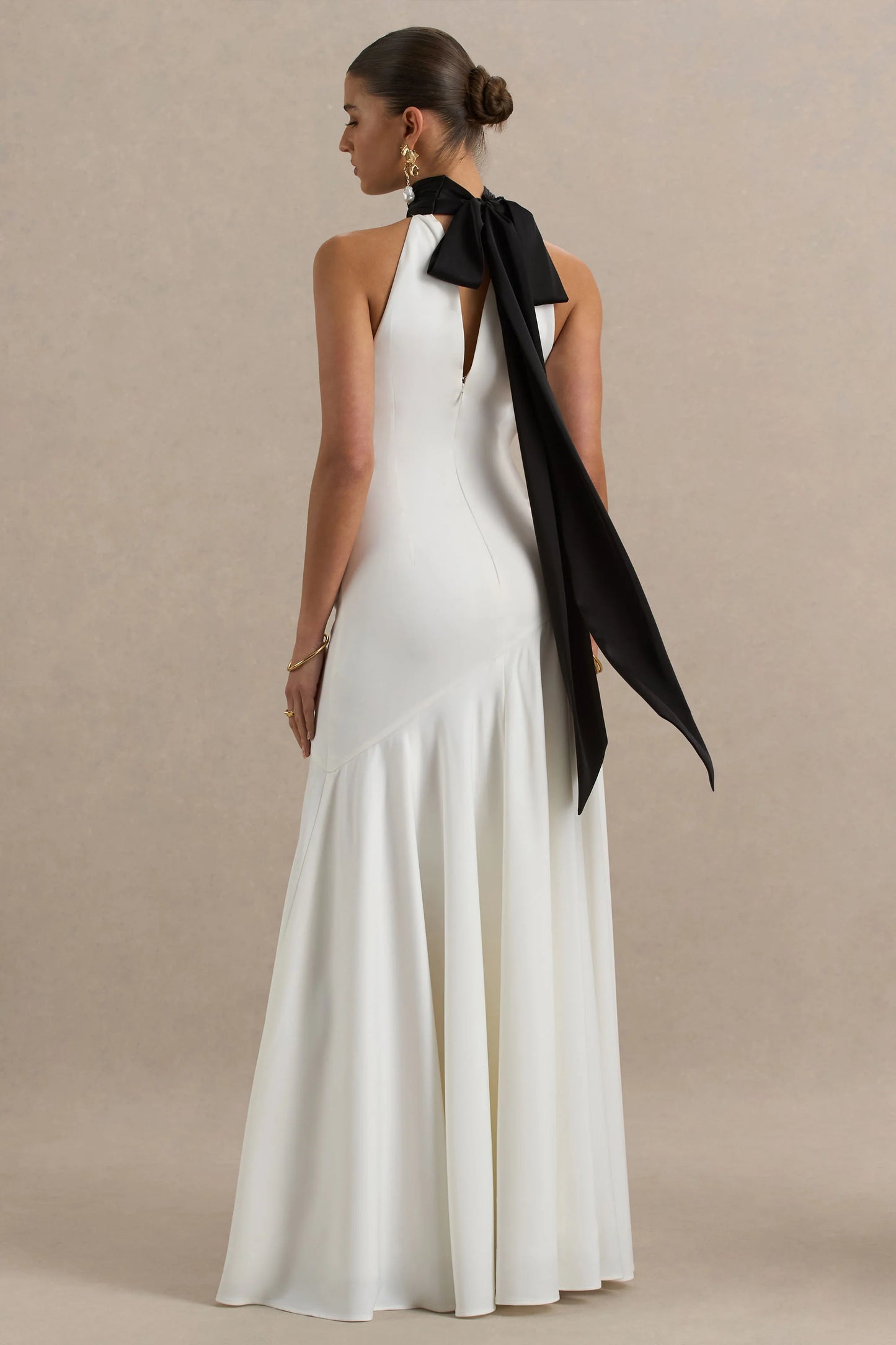 Luscious White And Black High-Neck Maxi Dress With Drop-Waist And Bow Detail