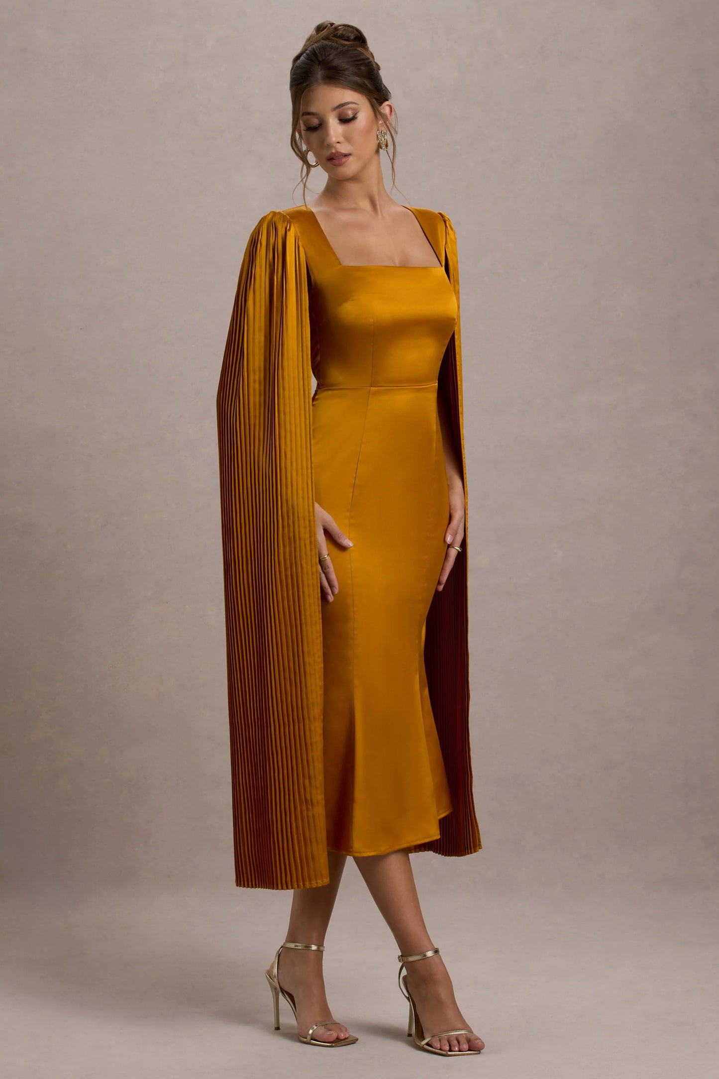 Nalda Mustard Square-Neck Midi Dress With Cape Sleeves