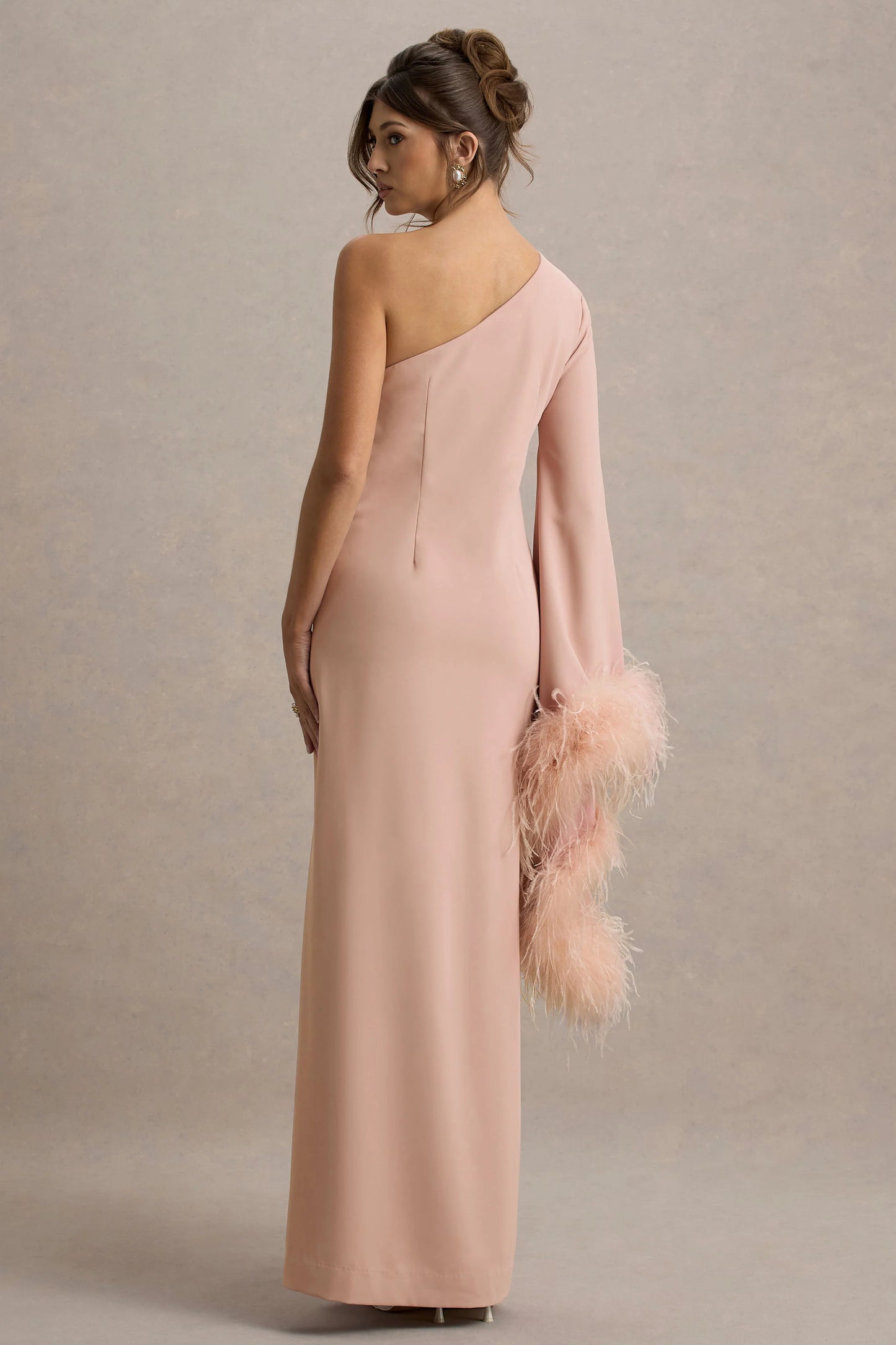 Armina Blush Pink One-Shoulder Feather-Trim Maxi Dress