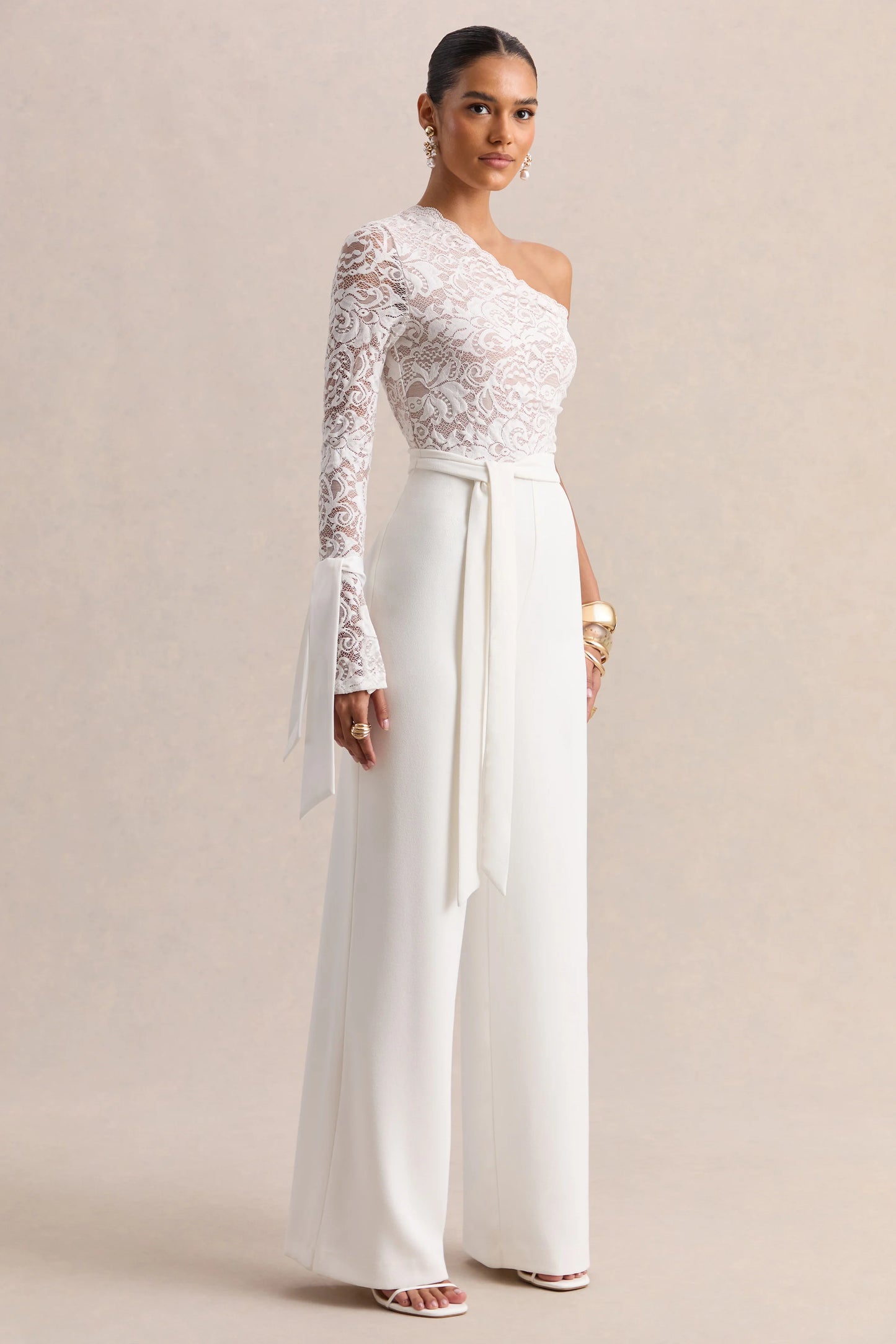 Clarence White Lace Asymmetric-Neck Jumpsuit With Bow-Details