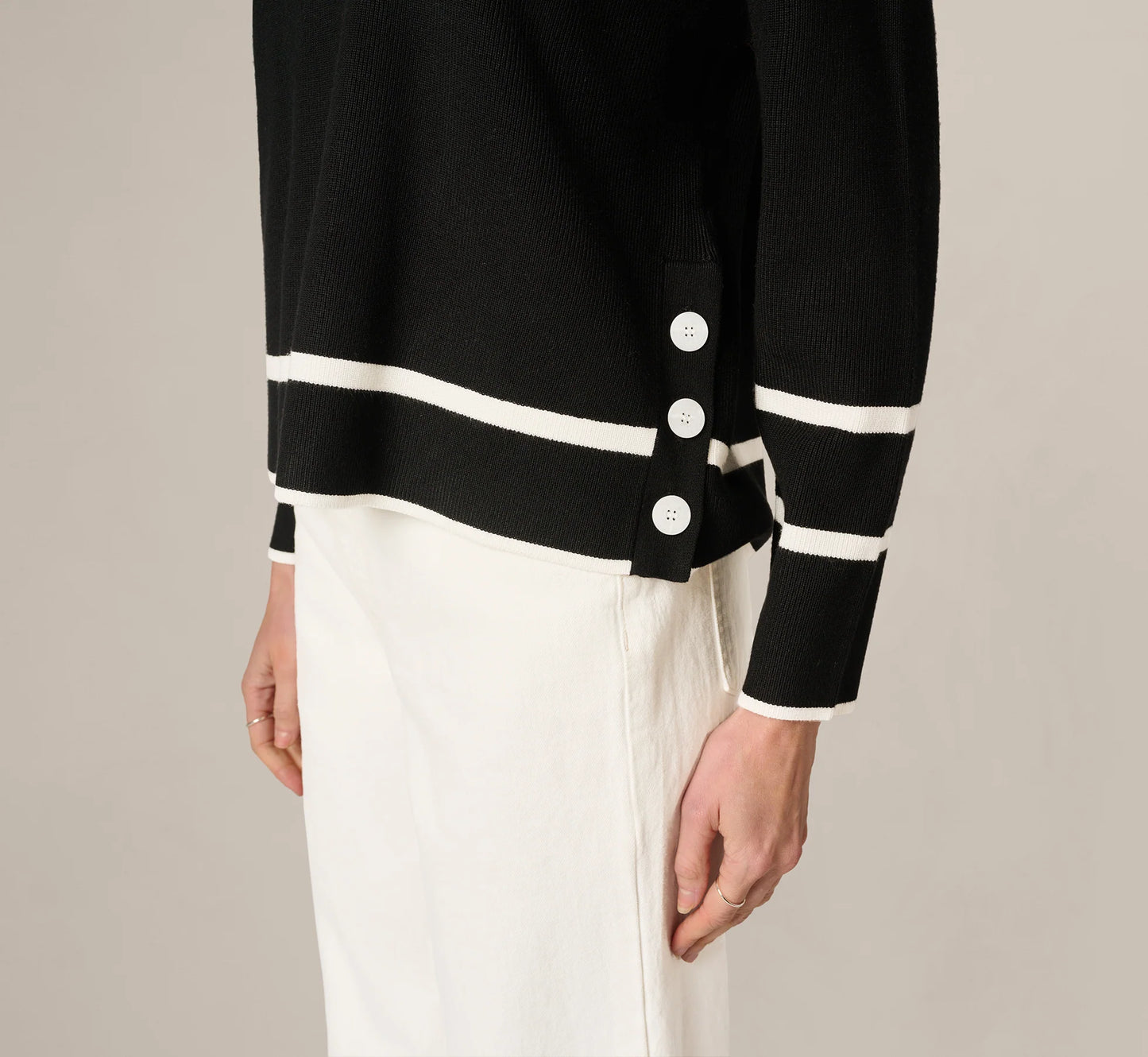 Long Sleeve Drop Shoulder Twofer Sweater In Black Ivory