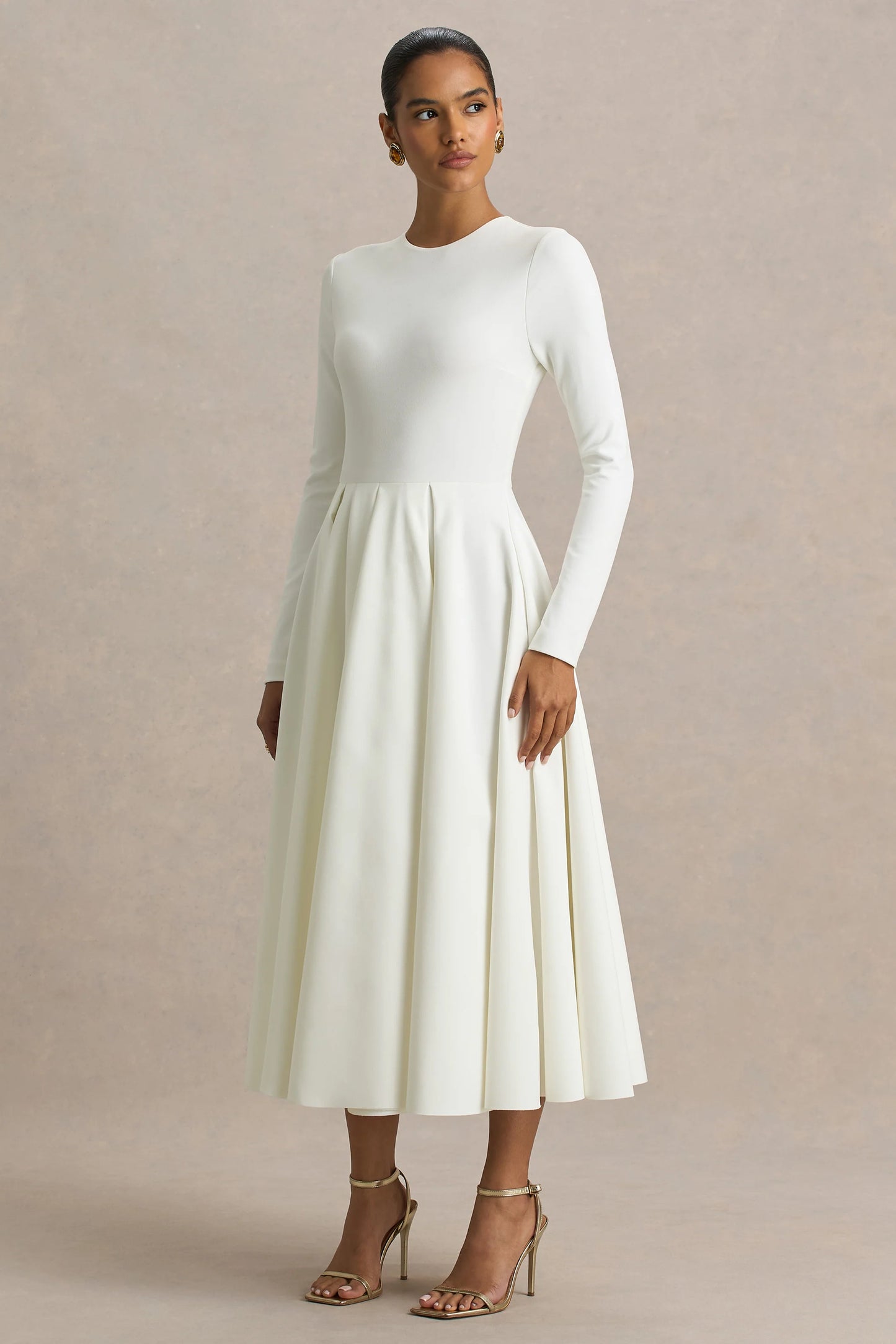 Bellamy Cream Crew-Neck Long Sleeve Midi Dress