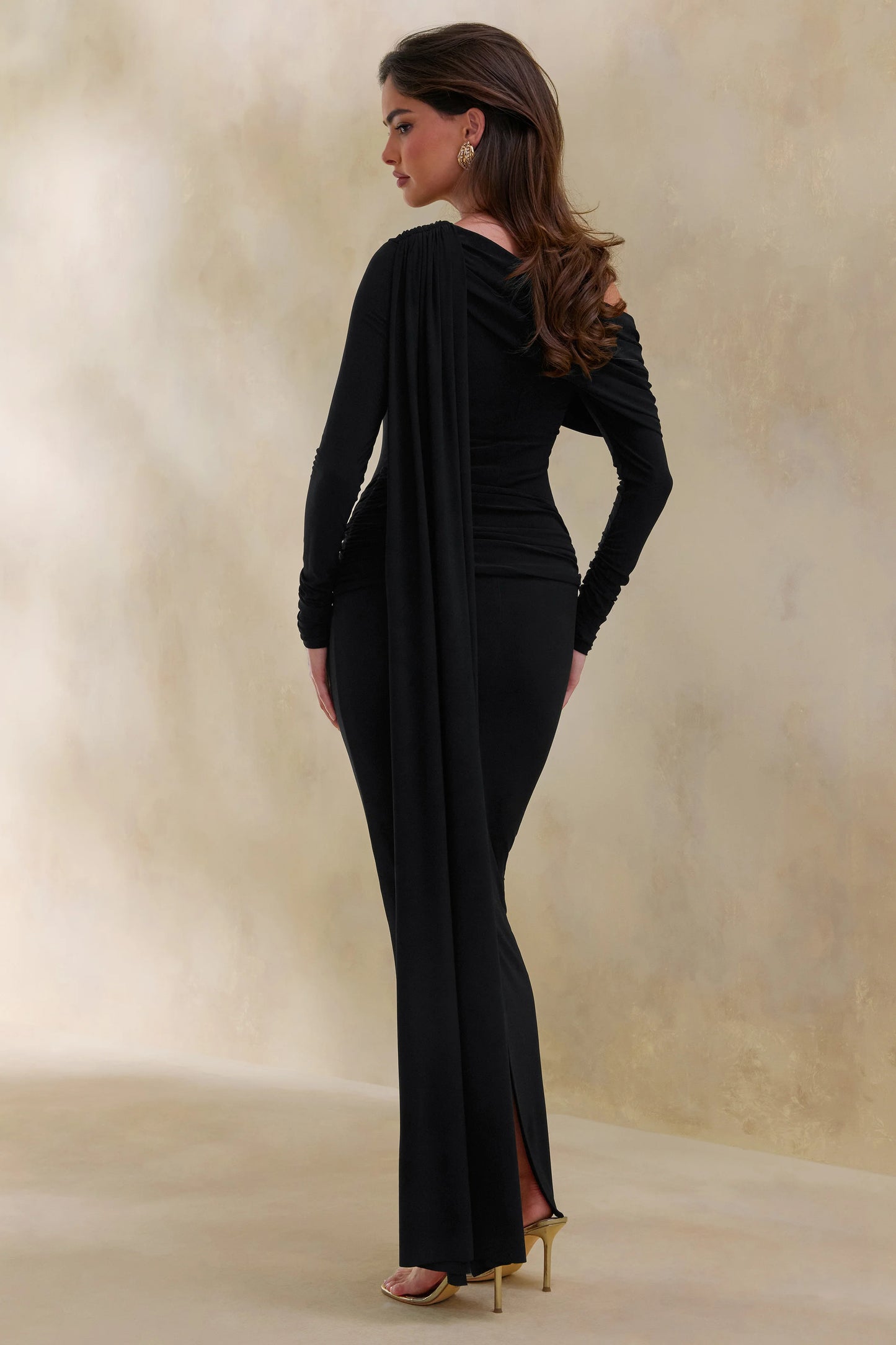 Bessy Black Asymmetric-Neck Maxi Dress With Gathered-Detailing And Sash