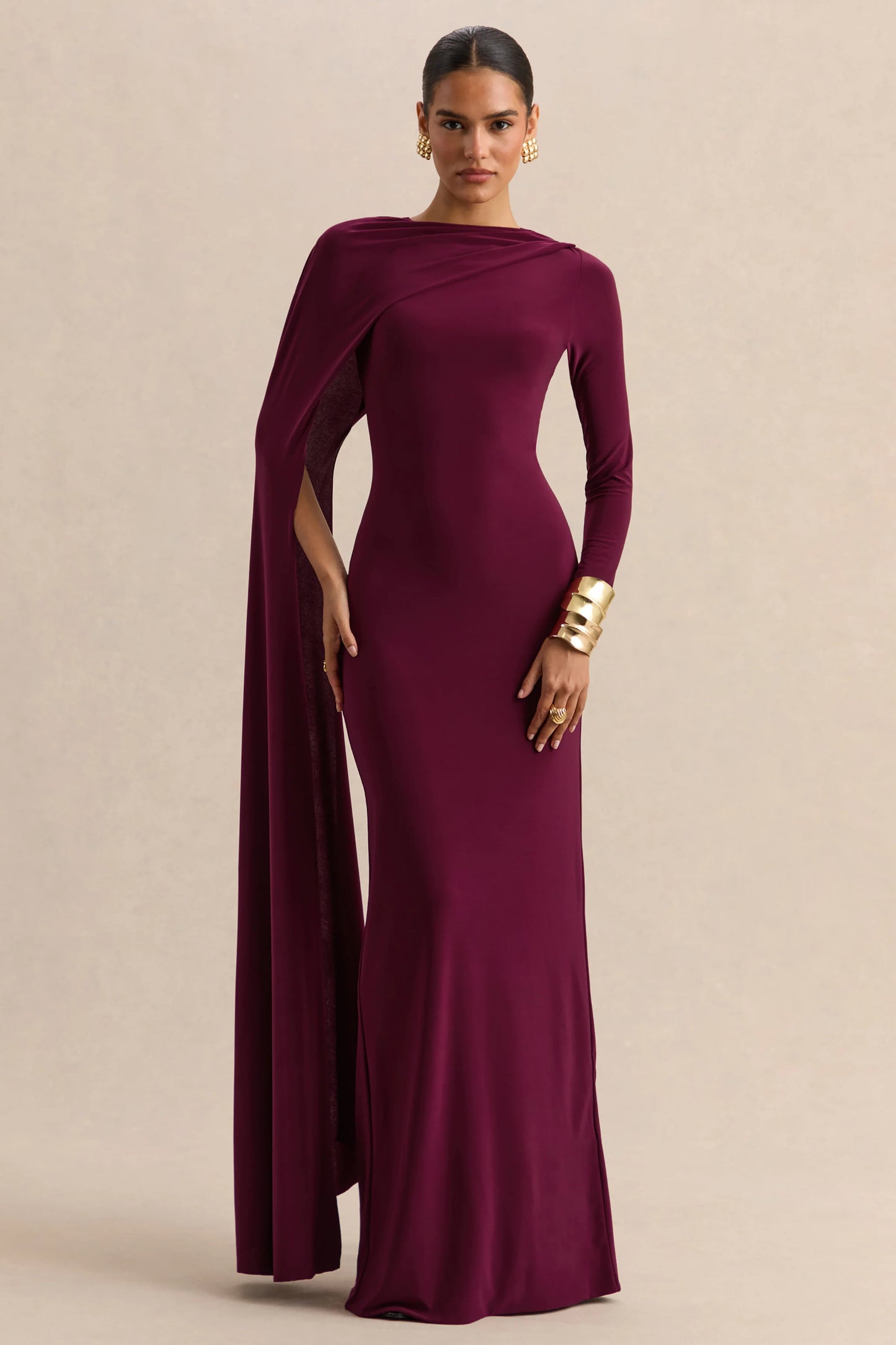Halina Burgundy High-Neck Maxi Dress With Cape-Sleeve
