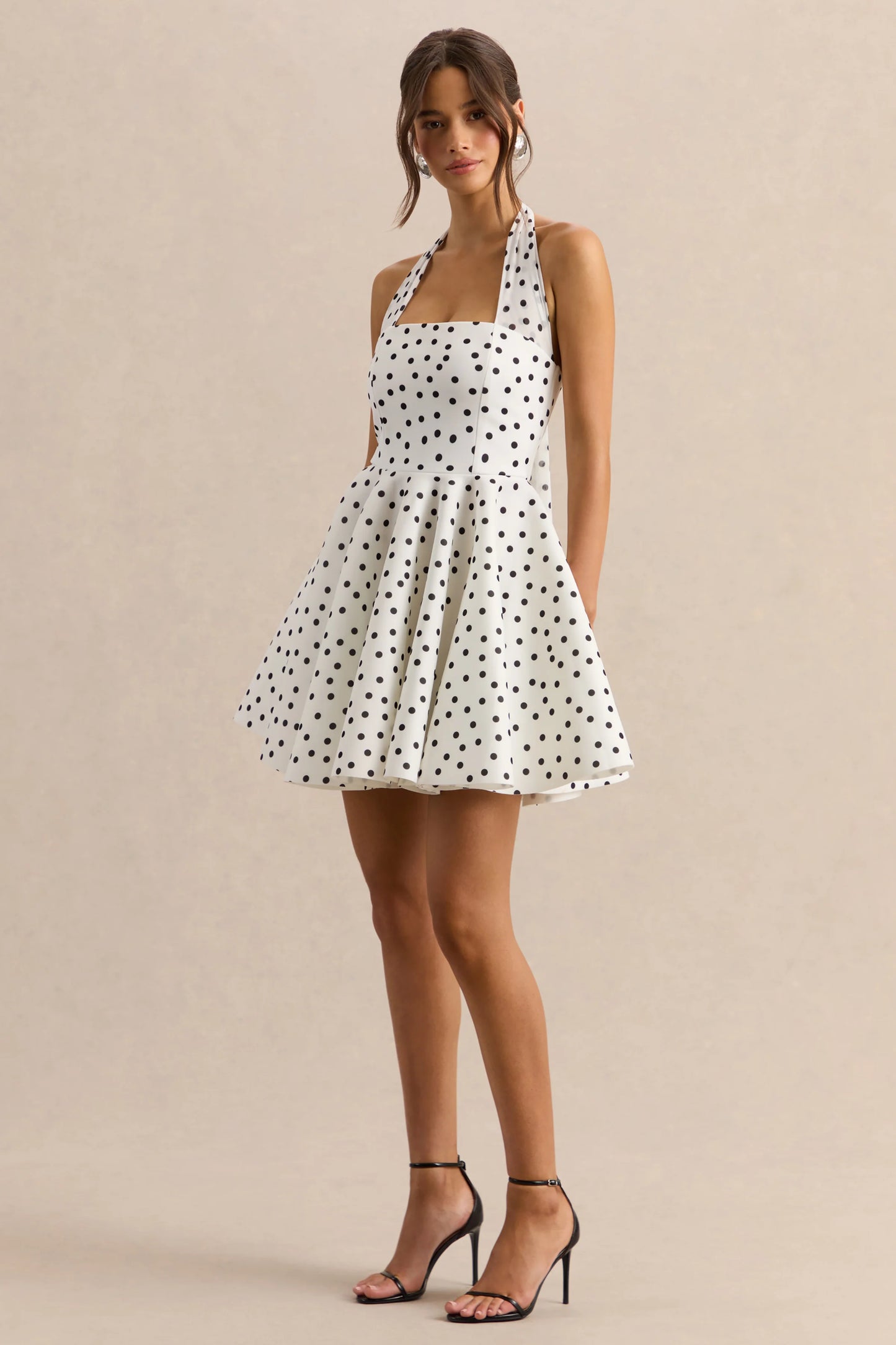 Peggy White & Black Polka Dot Halter-Neck Skater Mini Dress