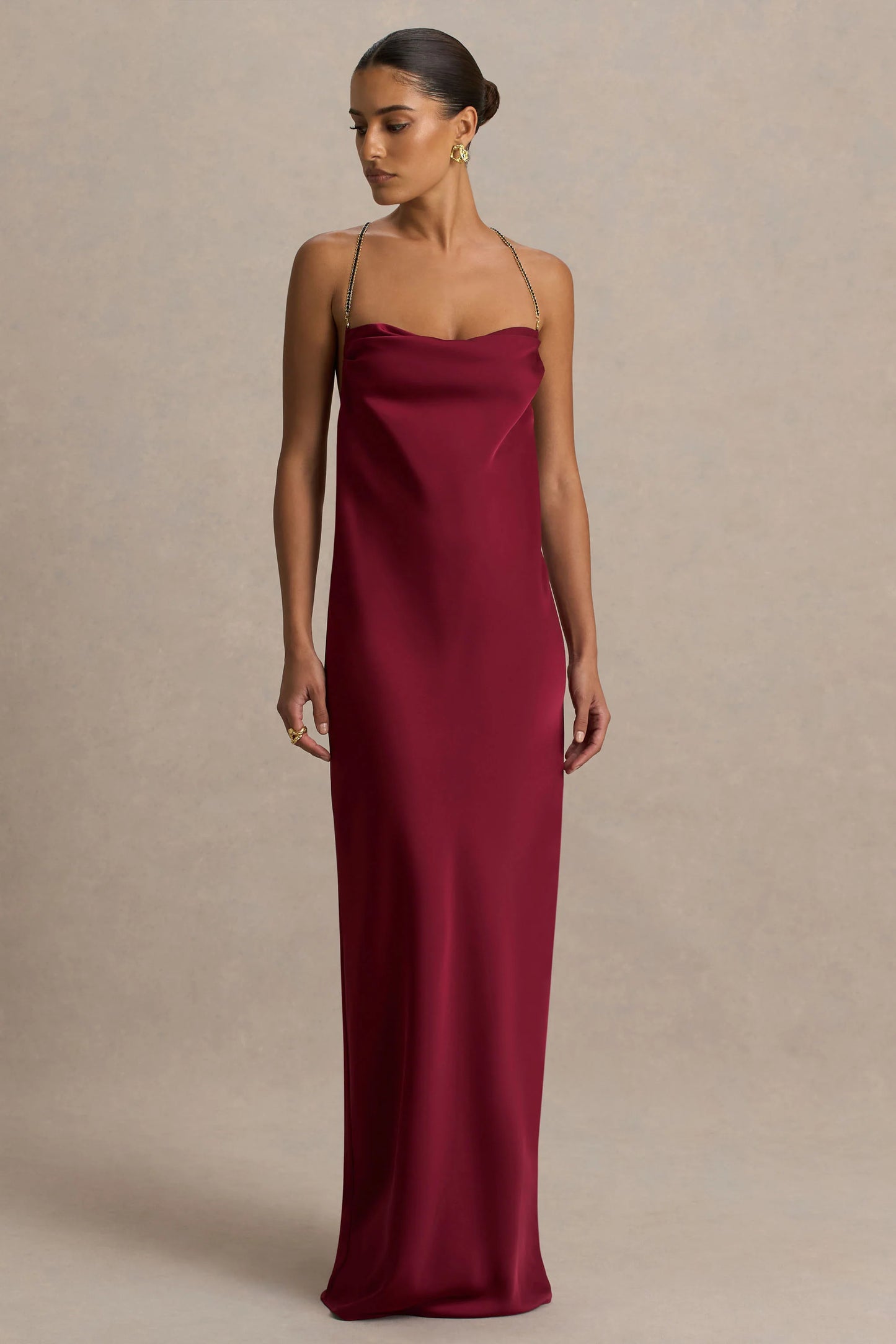 Cher Burgundy Satin Square-Neck Maxi Dress With Embellished-Detailed Open-Back
