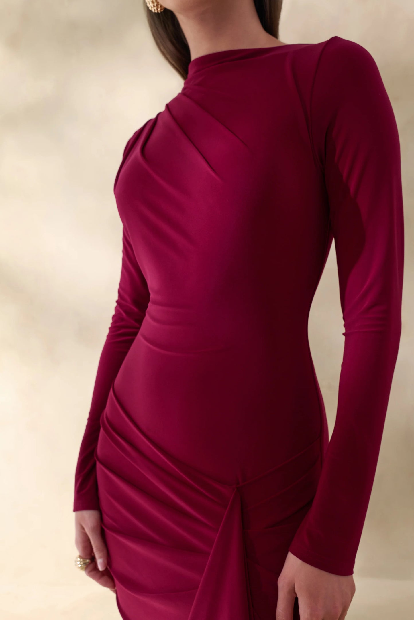 Karessa Berry High-Neck Maxi Dress With Gathered Detailing And Front-High Split