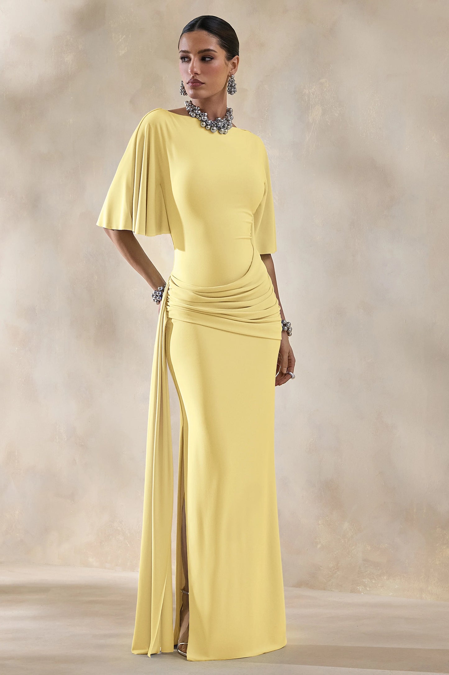 Emerelle Lemon Wide-Neck Maxi Dress With Sash And Draped-Detailing