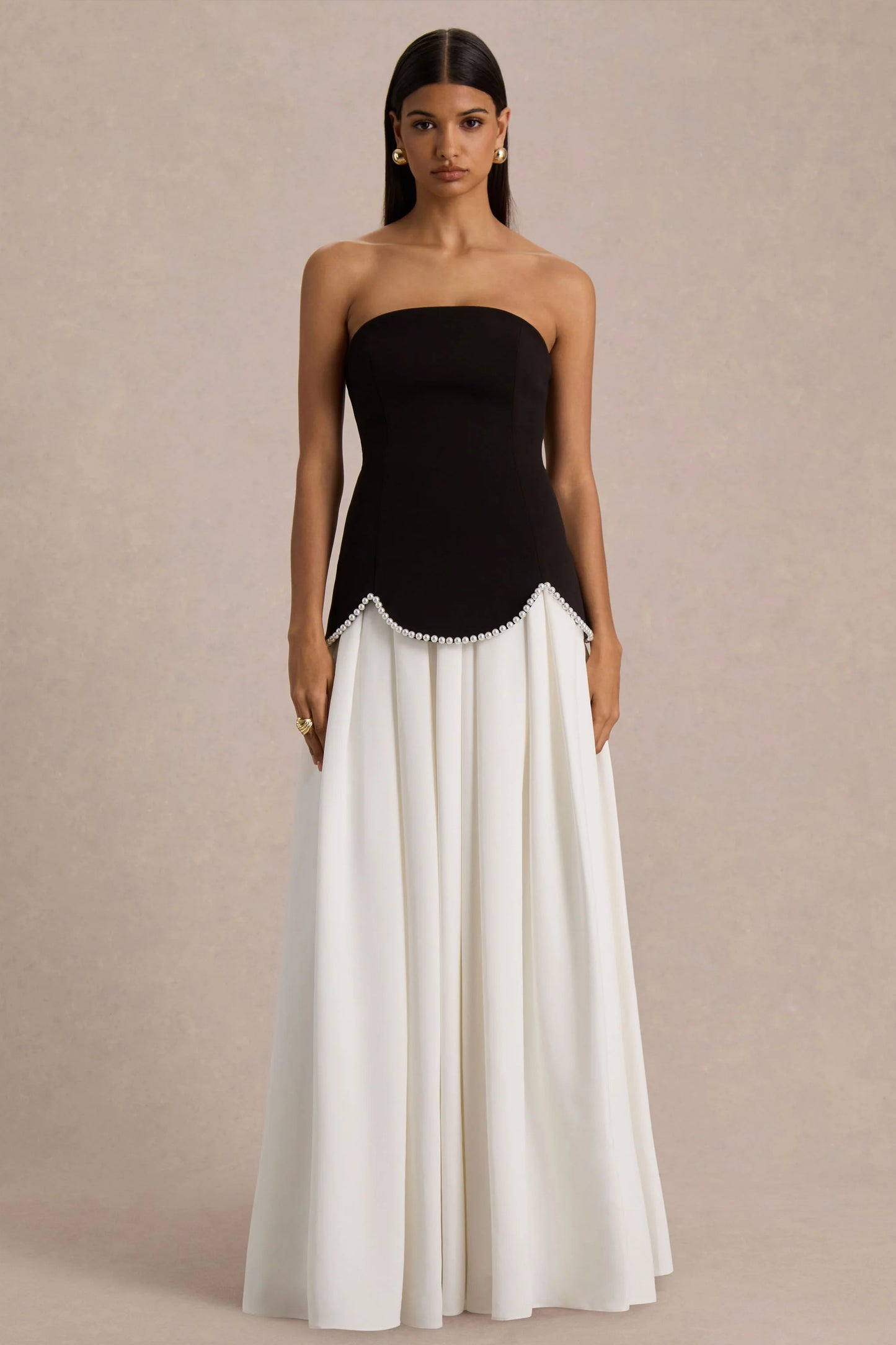 Wendy Black And White Maxi Dress With Drop-Waist And Pearl Embellishment