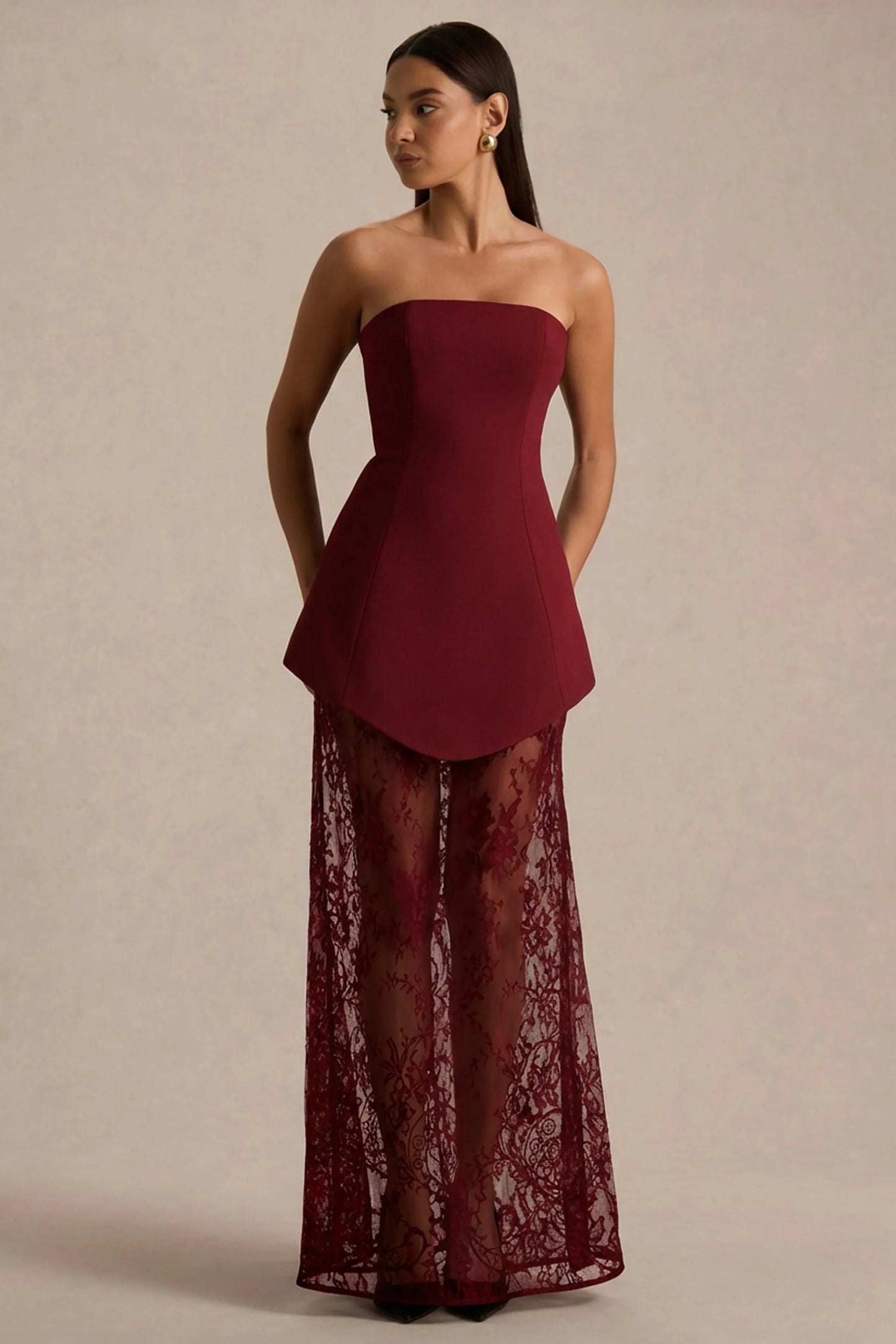 Brandi Burgundy Bandeau Maxi Dress With Lace Skirt