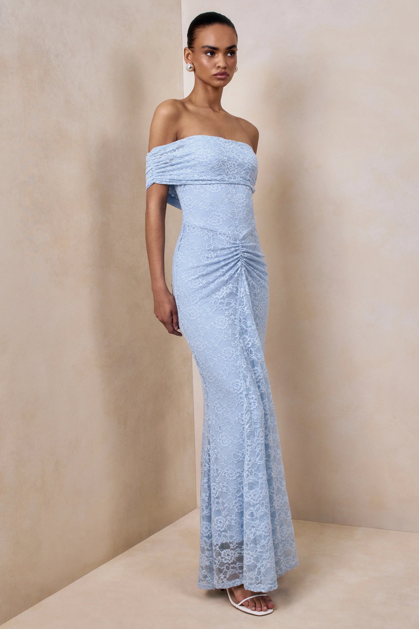 Elinor Powder Blue Lace Bardot-Neck Maxi Dress With Gathered-Detailing