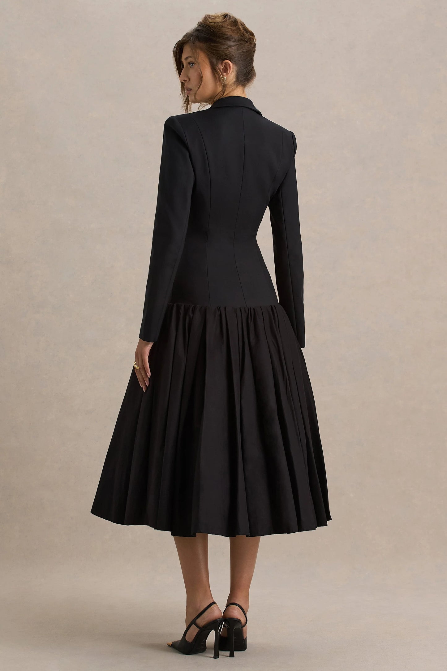 Cosmopolitan Black Plunge-Neck Tailored Midi Dress With Pleated Hem