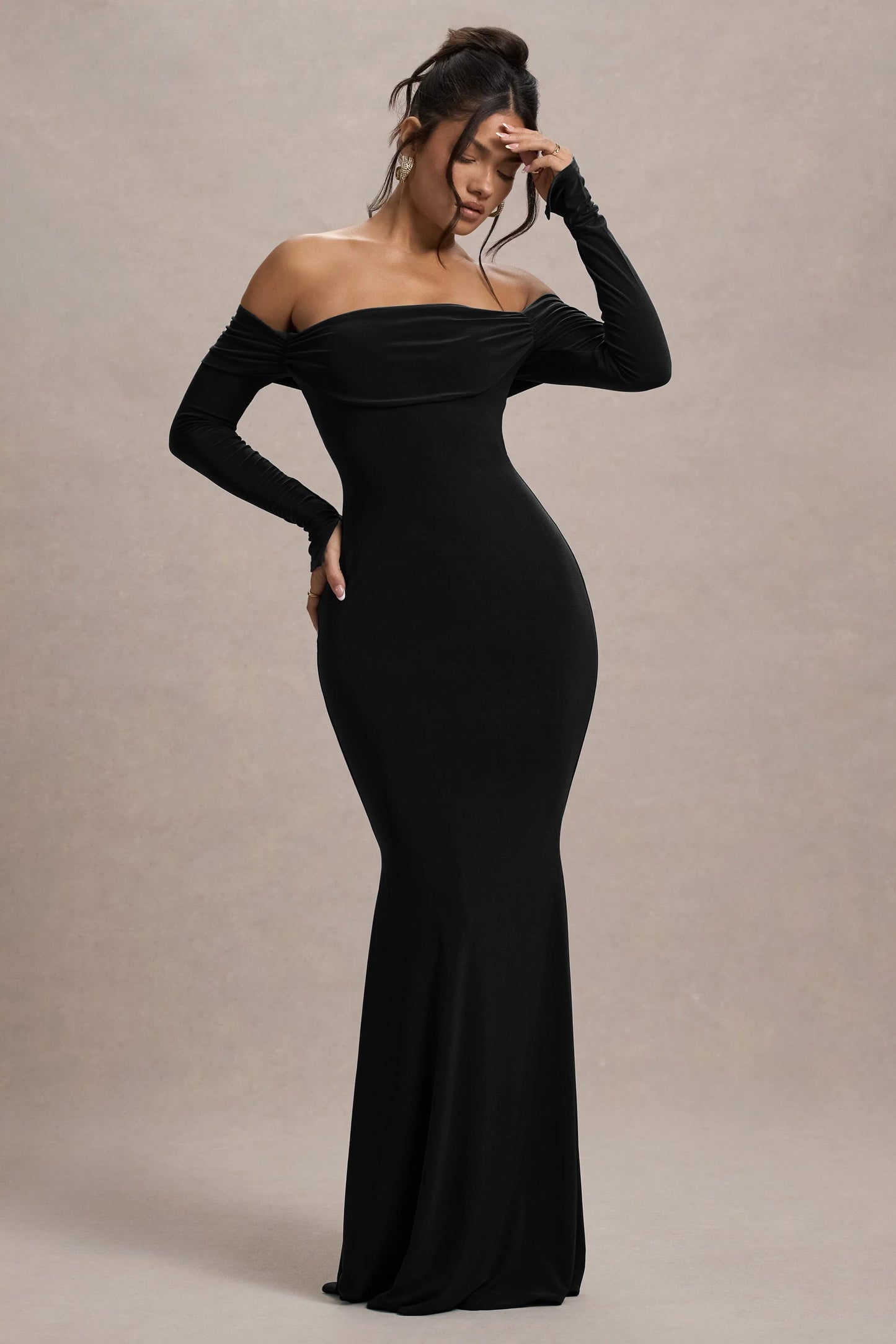 Amaia Black Bardot Long-Sleeve Maxi Dress