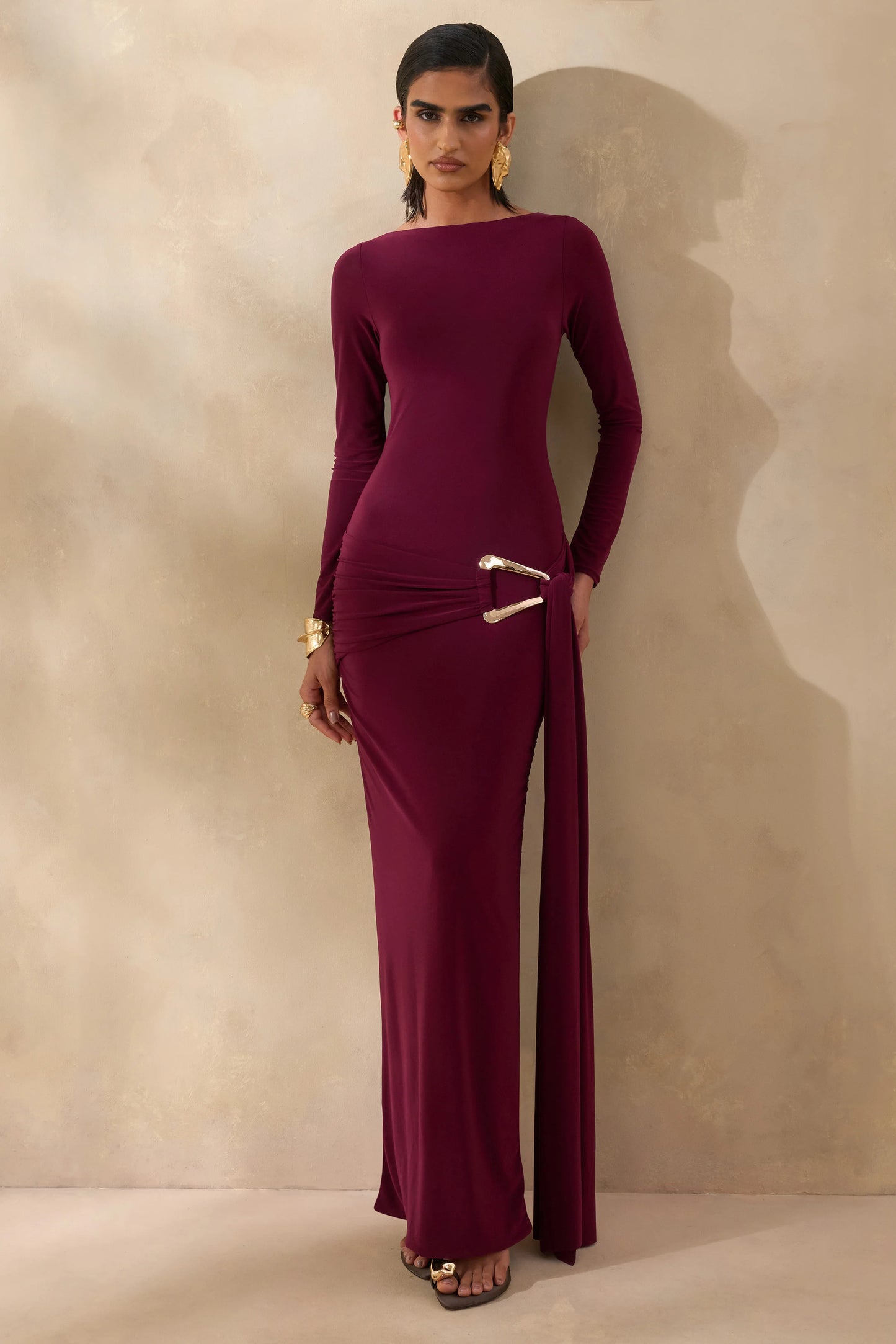 Astrielle Burgundy Wide-Neck With Gold-Detail And Sash