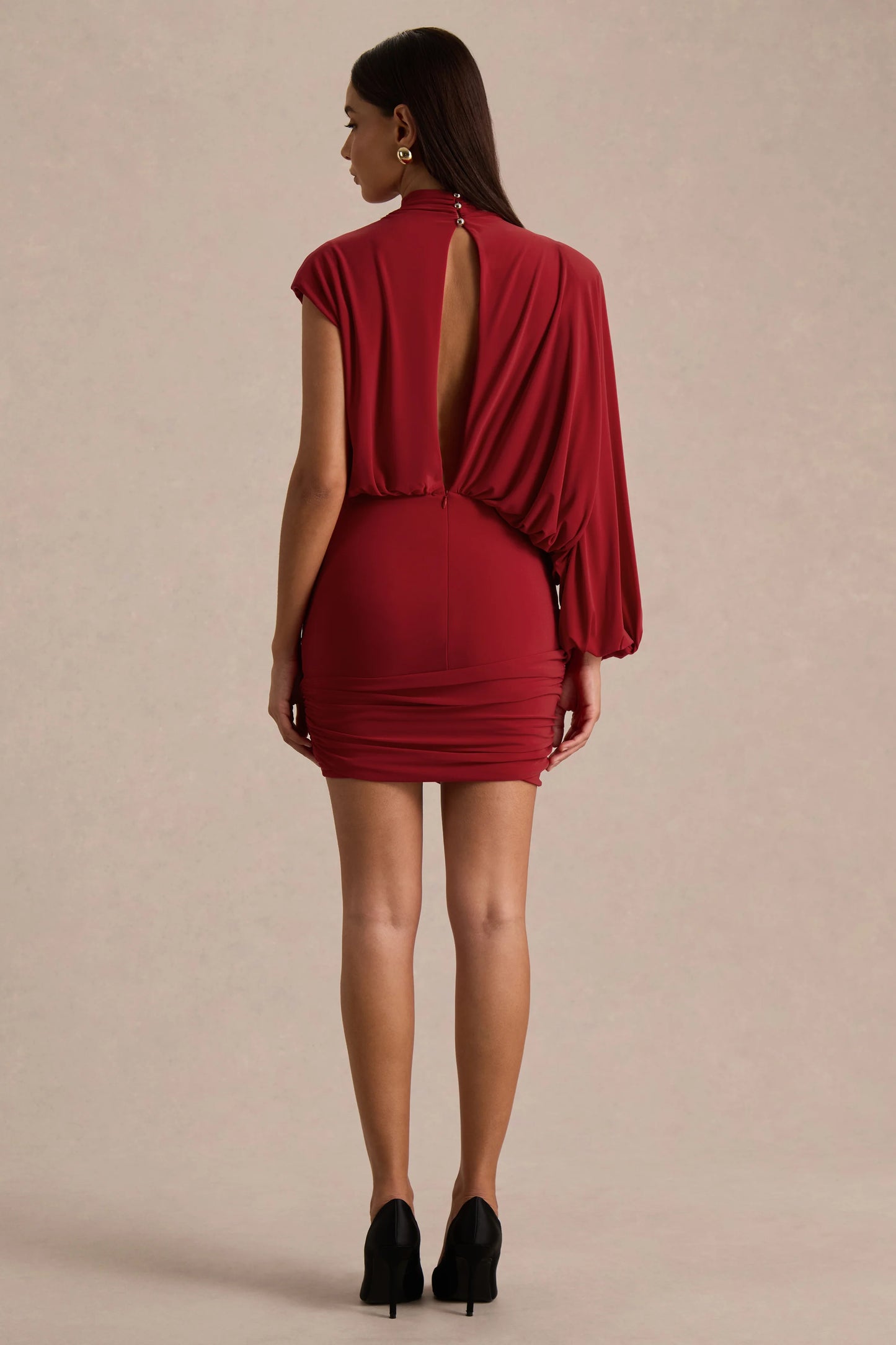 Zelda Red High-Neck Mini Dress With One-Long Sleeve And Twisted Detail