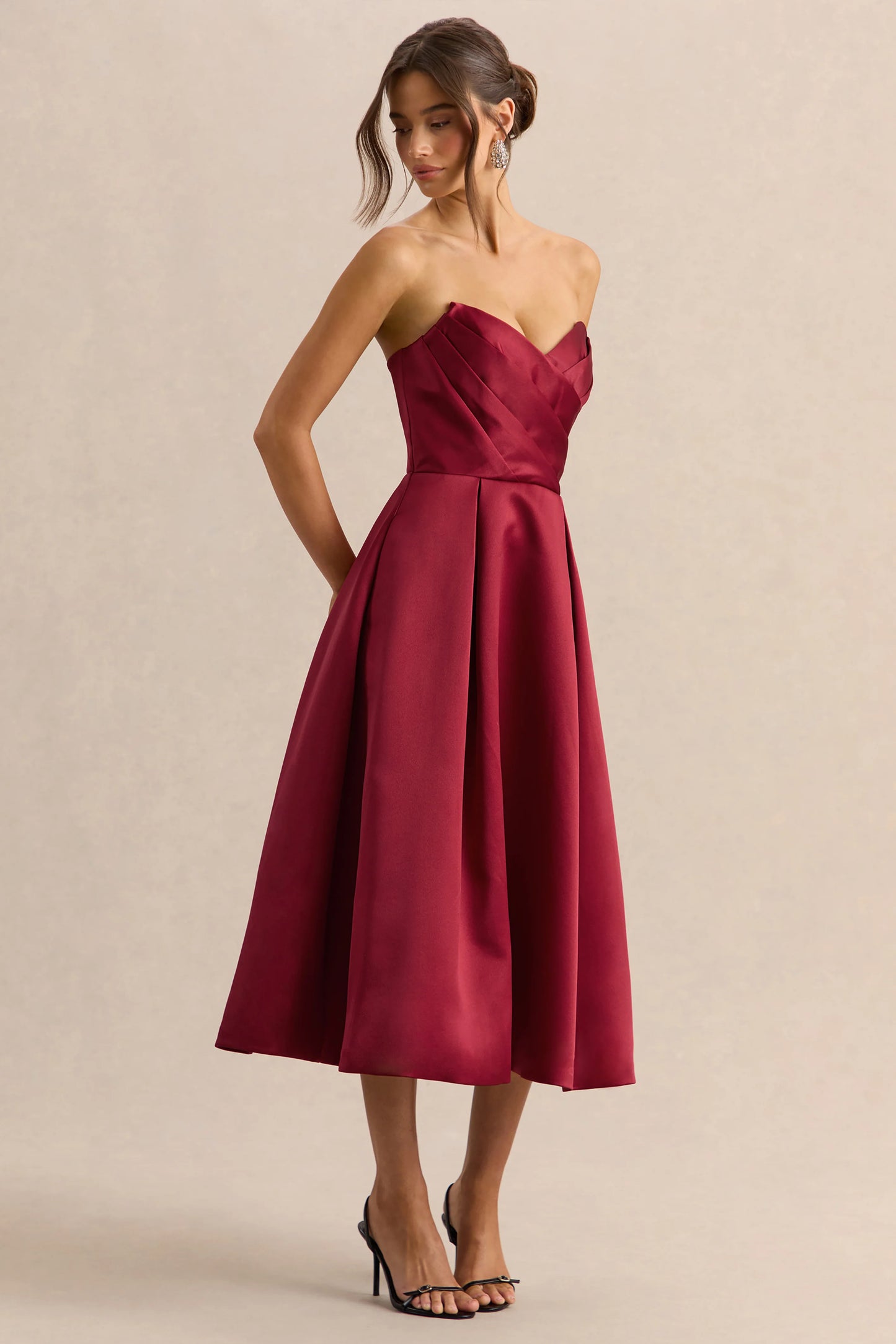 Promises Red Satin Bandeau-Neck Midi Dress