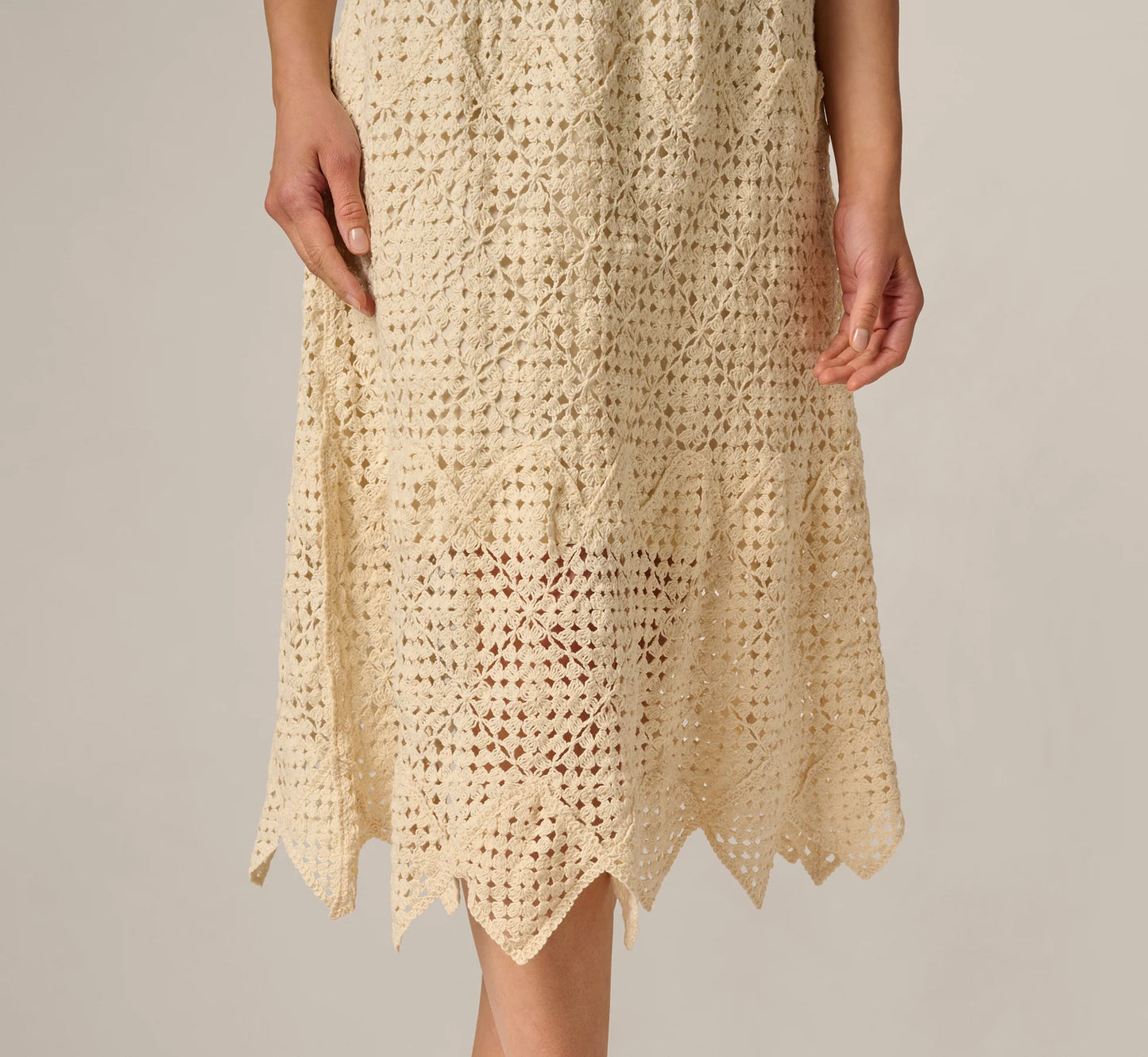 Crochet Knit Dagger Hem Midi Skirt In Cream