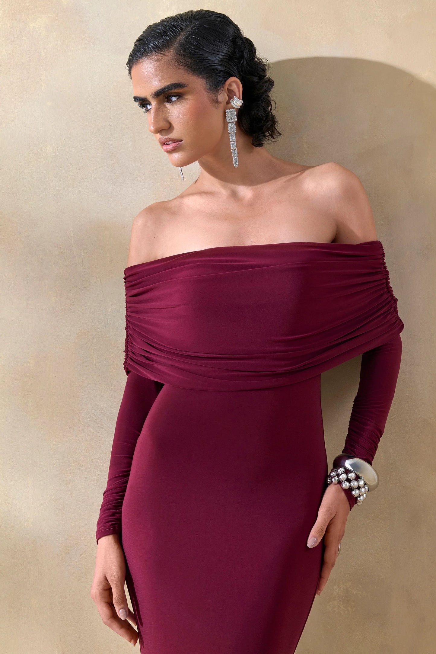 Brisea Burgundy Bardot-Neck Maxi Dress