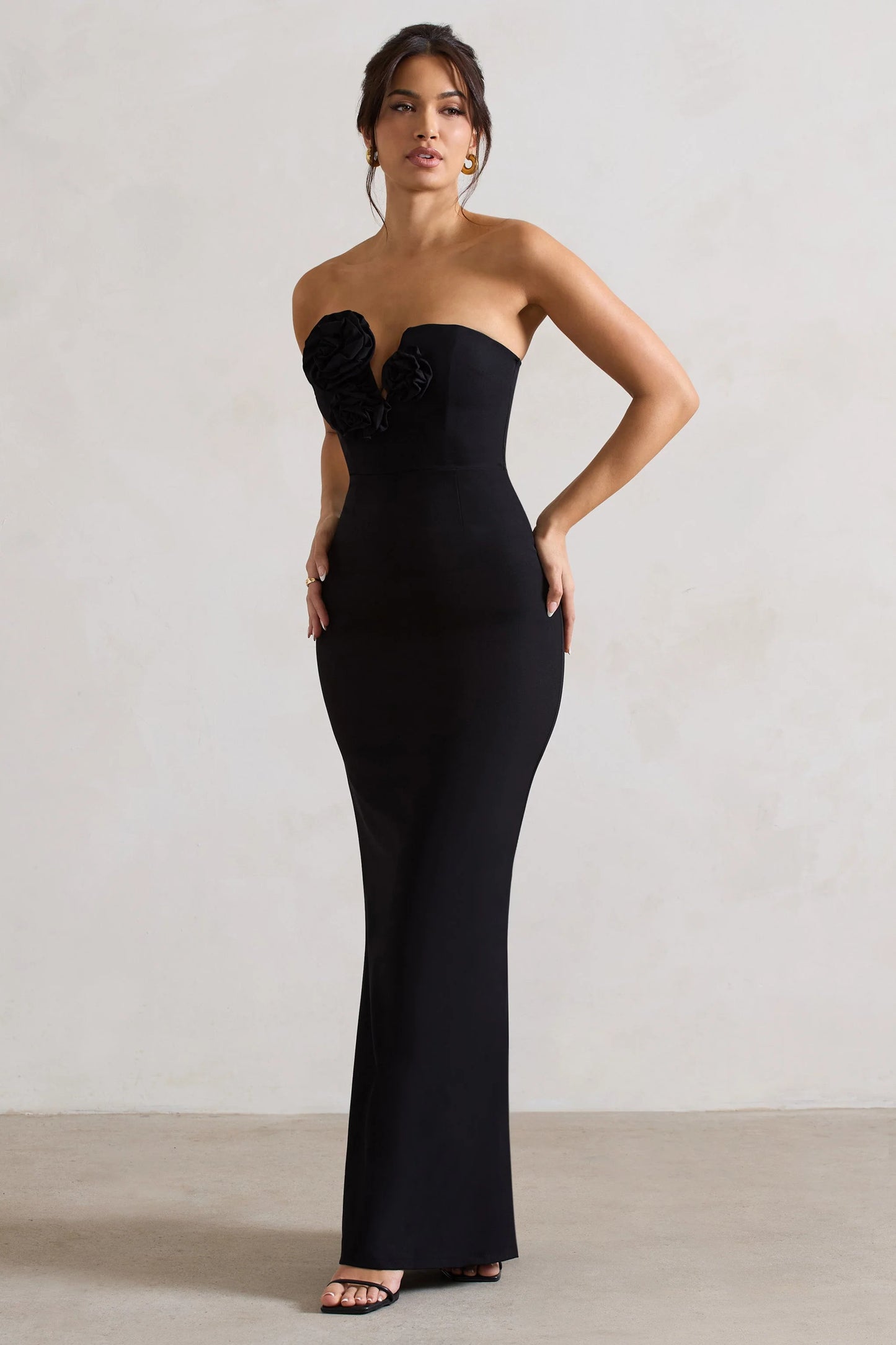 Enticed Black Strapless V-Neck Maxi Dress With Flowers