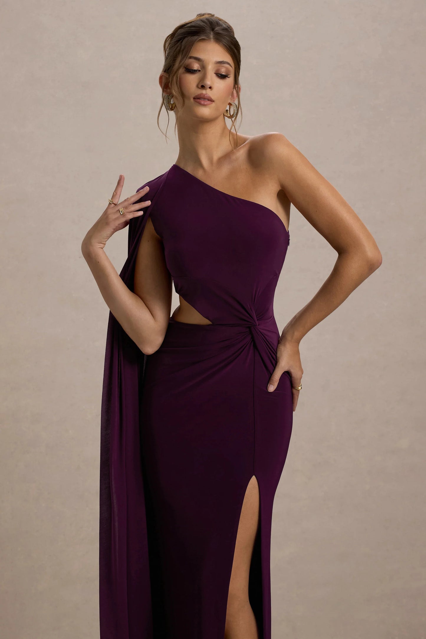 Brona Plum One-Shoulder Cape-Sleeve Split Maxi Dress