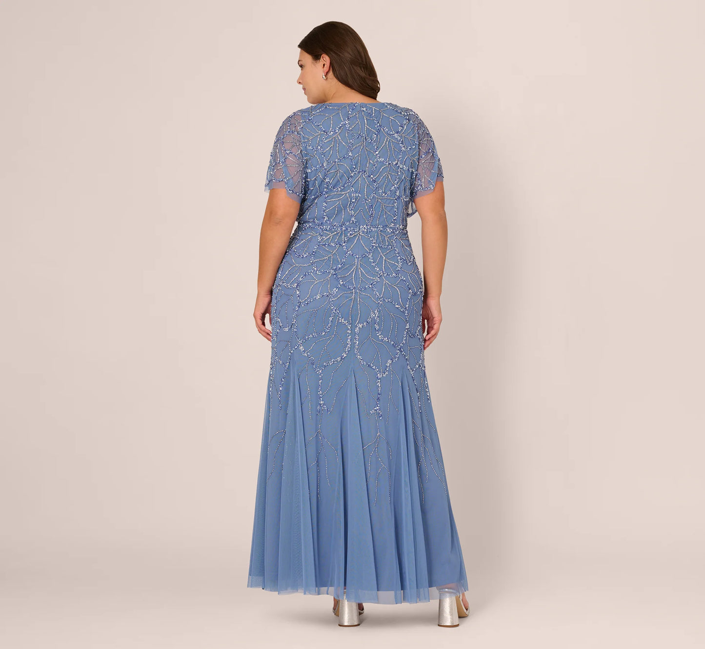 Plus Size Flutter Sleeve Surplice Beaded Gown In French Blue
