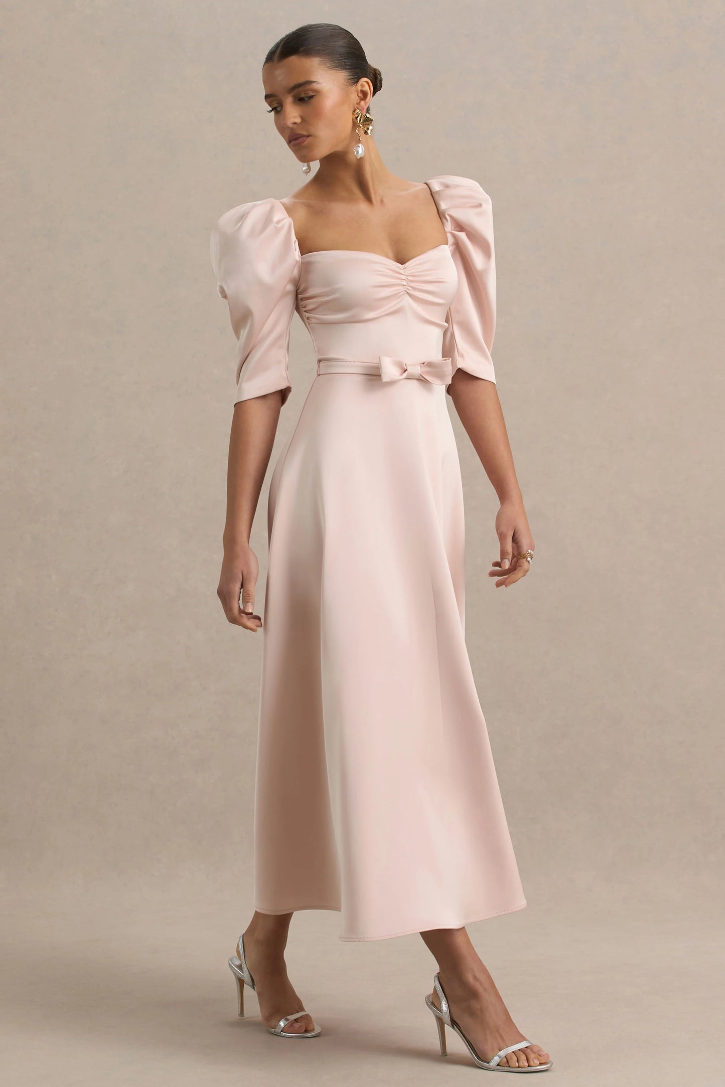 Rosey Pale Pink Satin Sweetheart Midi Dress