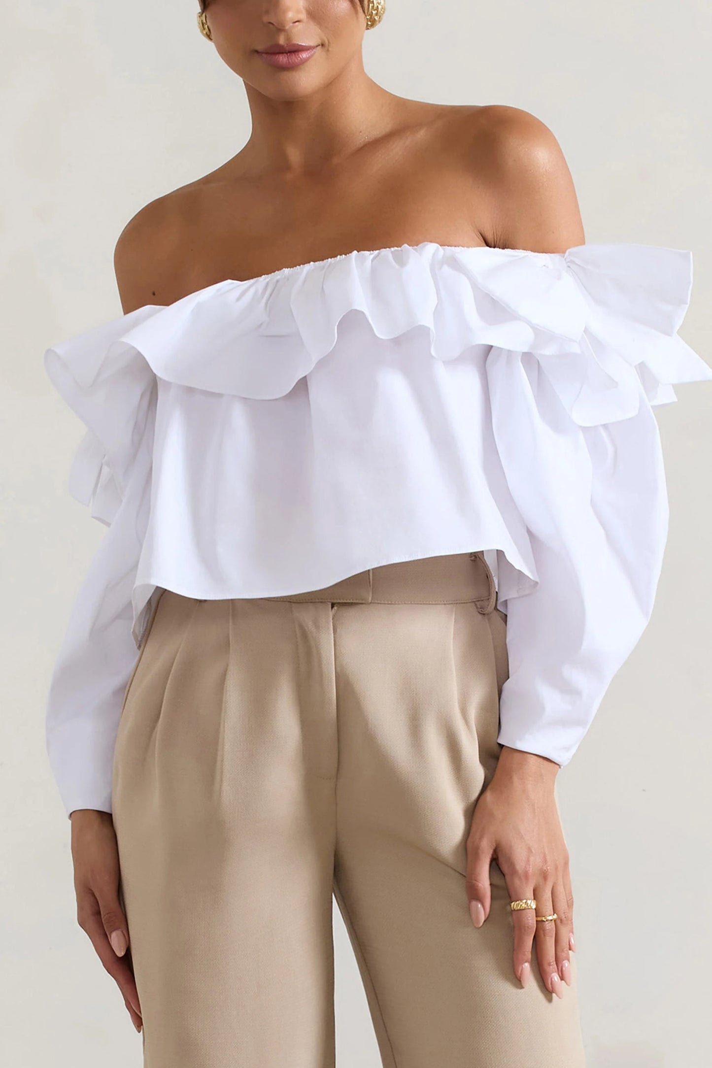 Cove White Bardot Puff-Sleeve Ruffle Top With Bows
