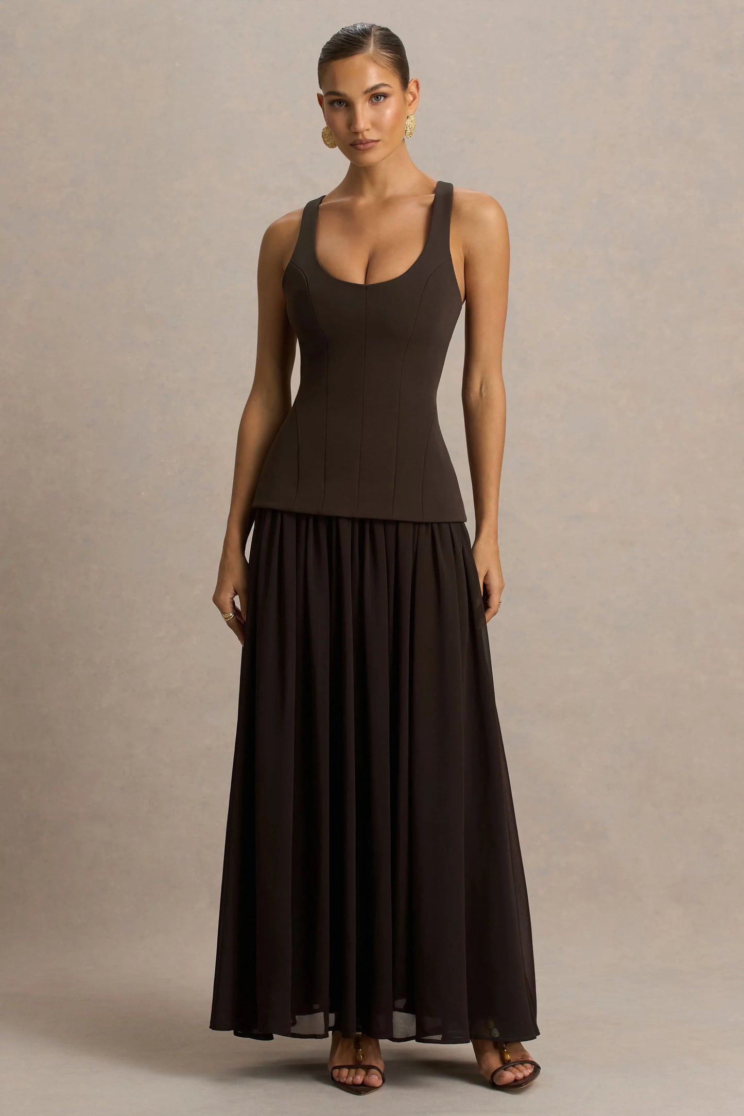 Kelly Brown Scoop-Neck Maxi Dress With Pleated Mesh Skirt