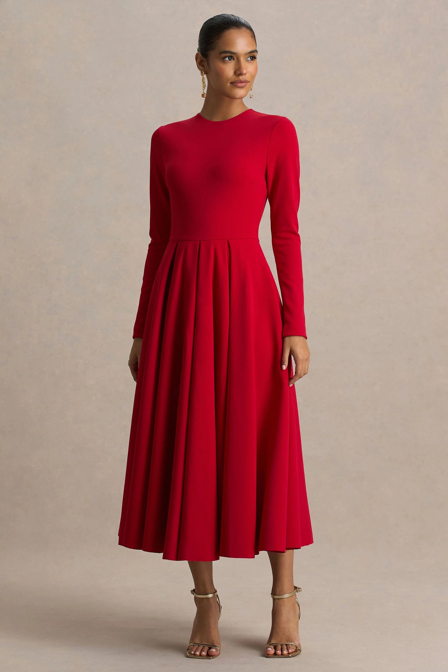 Bellamy Red Crew-Neck Long-Sleeve Midi Dress
