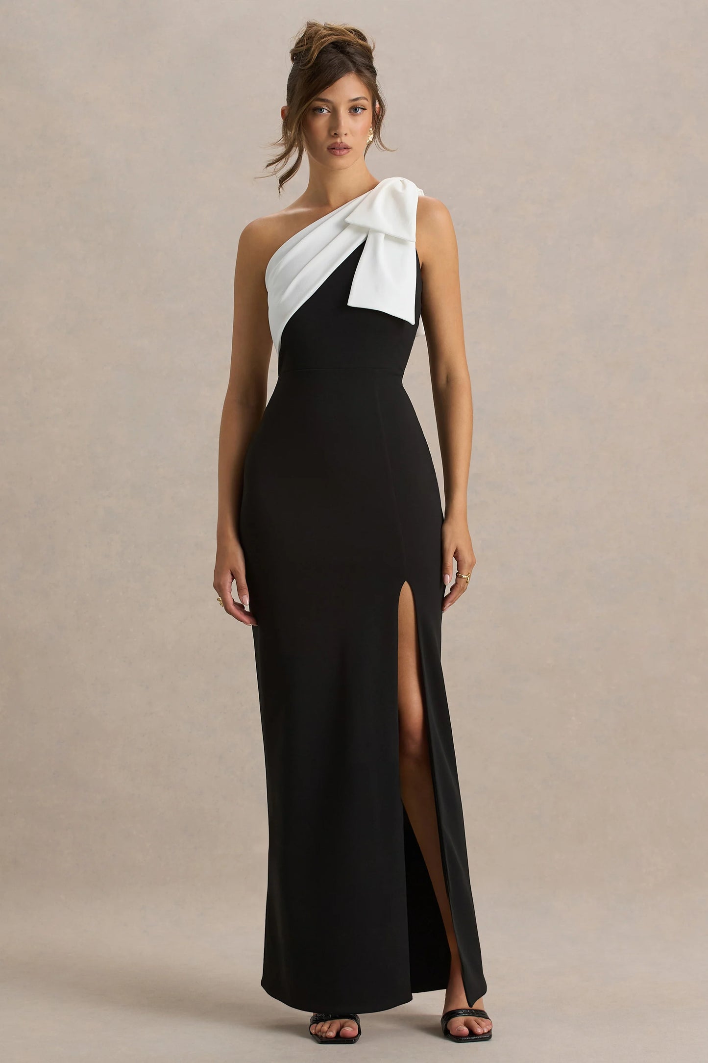 Kiri Black & White One-Shoulder Bow Maxi Dress