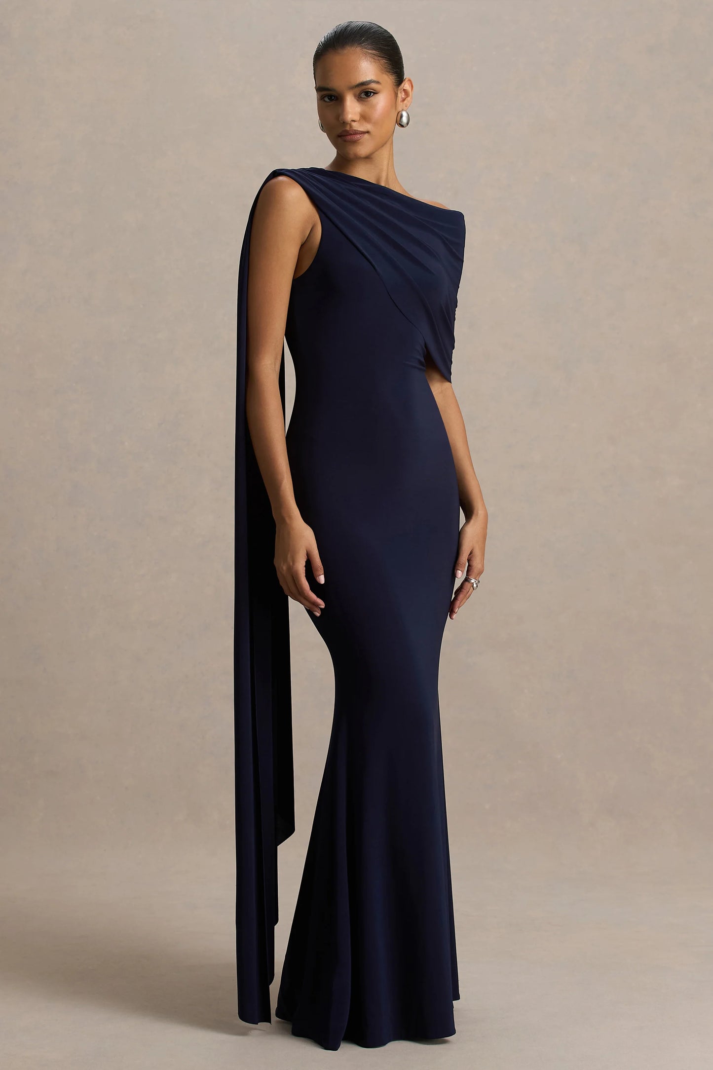 Tiana Navy Asymmetric-Neck Maxi Dress With Drape-Detail