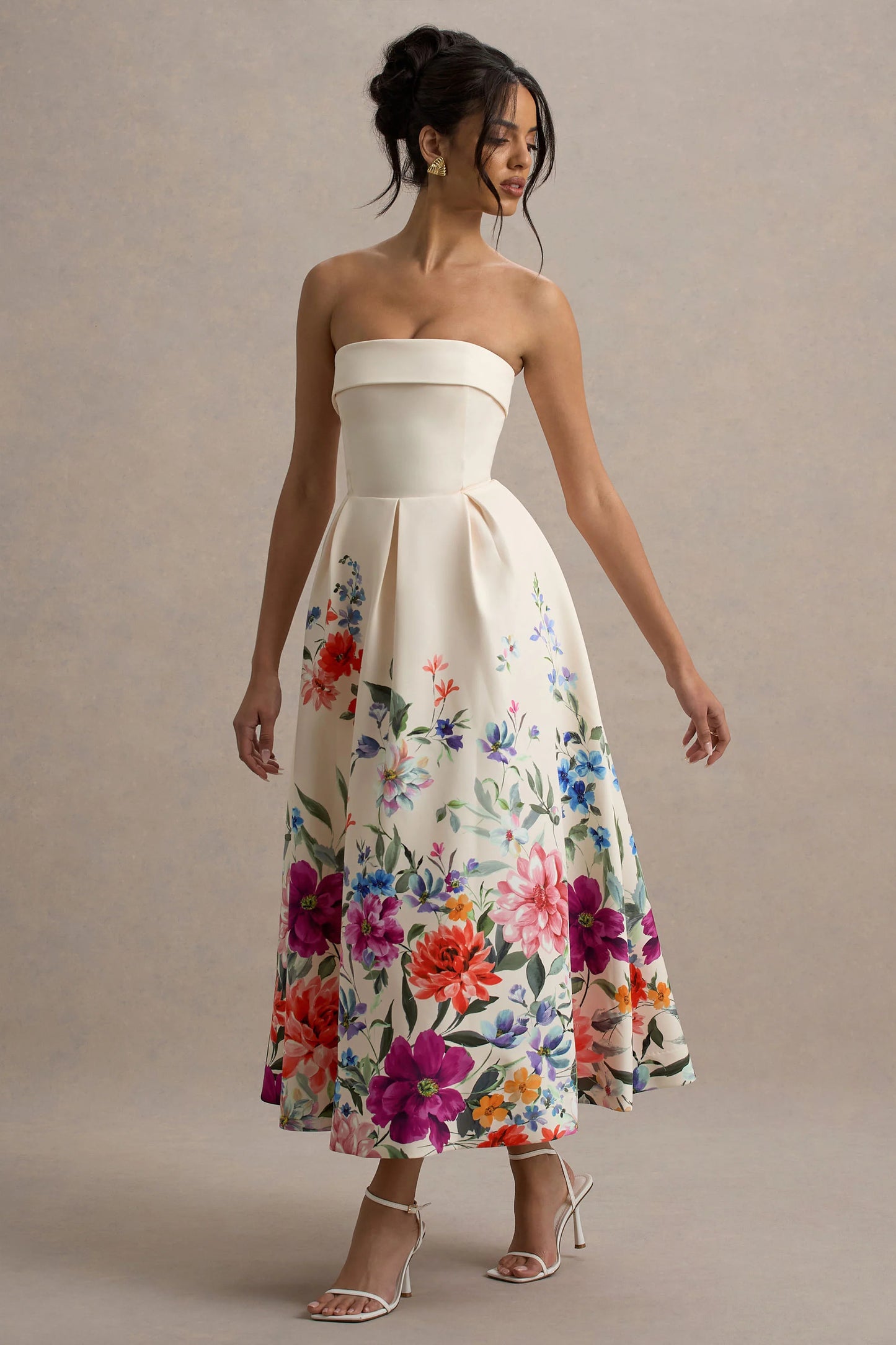 Annalise Light Pink Floral Print Bandeau Skater Midi Dress