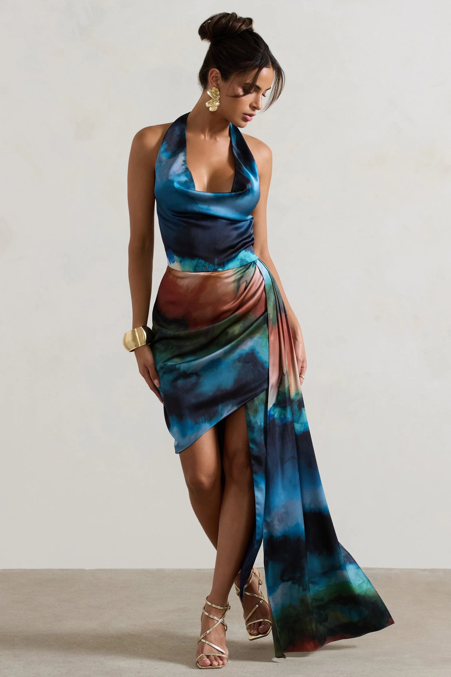 Bali Blue Blur Print Satin Cowl-Neck Draped Midi Dress