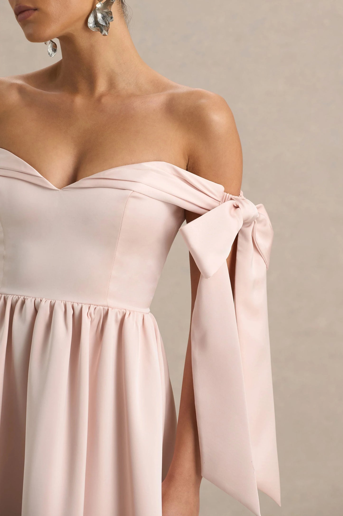 Agafay Rose Pink Satin Short-Sleeve Bardot Wrap Midi Dress With Bow Detail