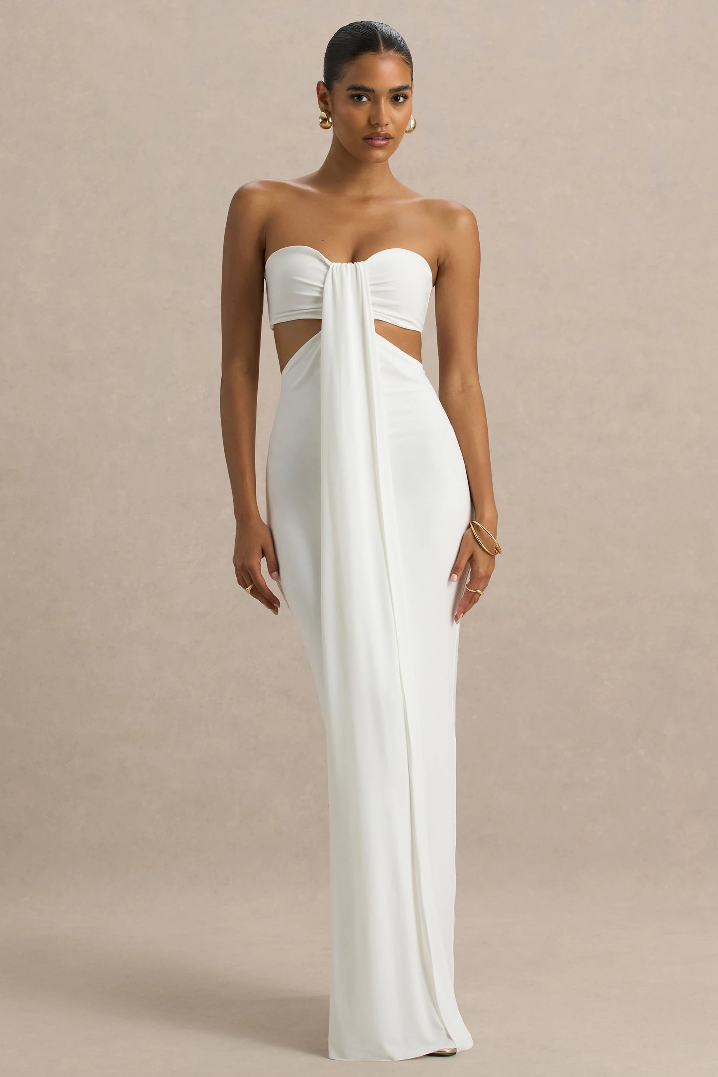 Elixir Cream Sweetheart-Neck Maxi Dress with Cut-Out Details