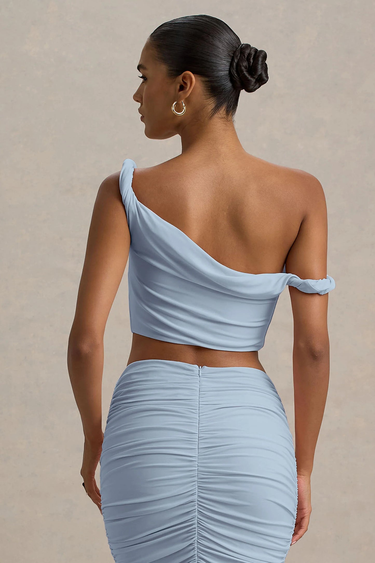 Ariel Powder Blue Twisted Asymmetric Crop Top