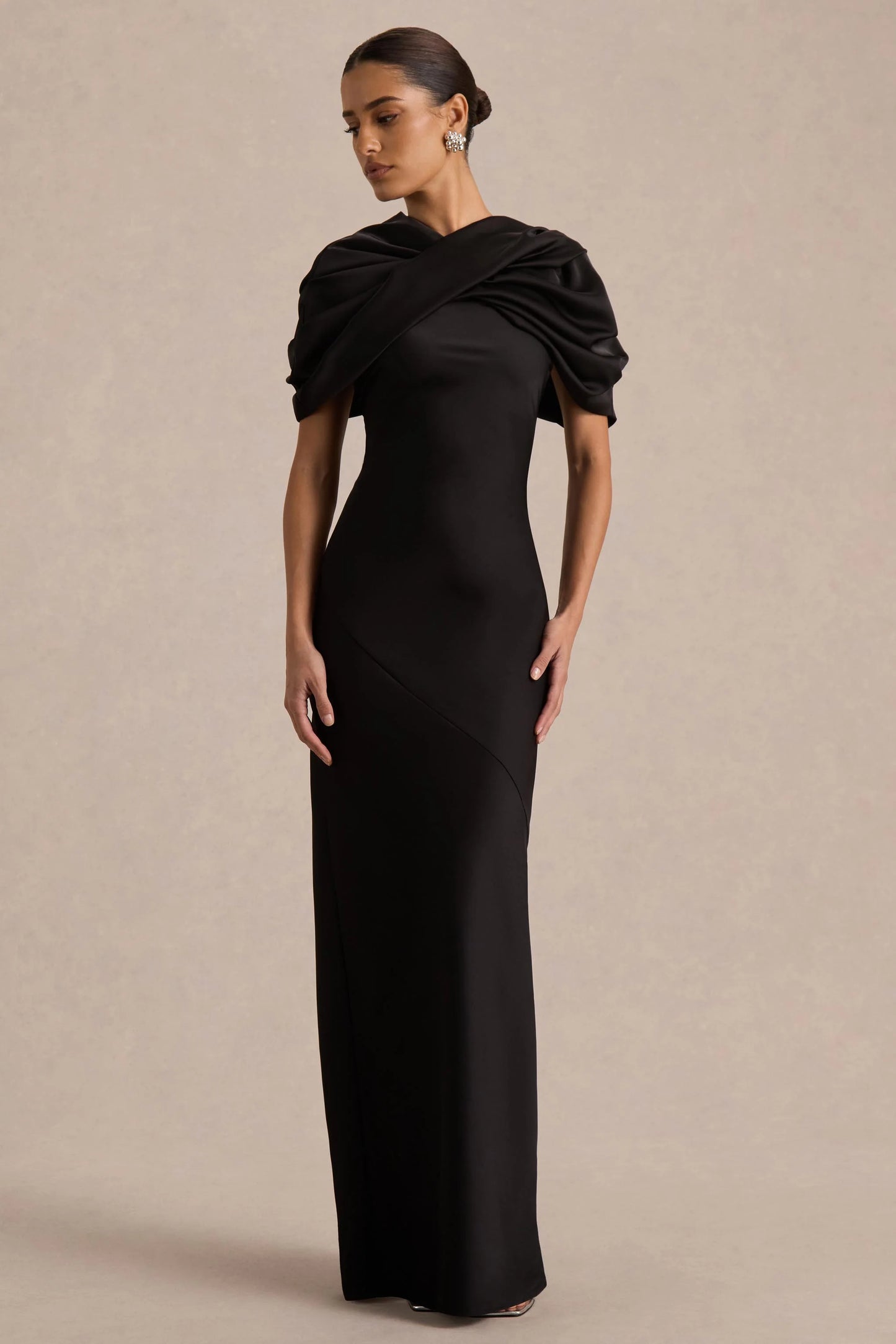 Yoli Black Satin Maxi Dress With Removable Twist-Cape