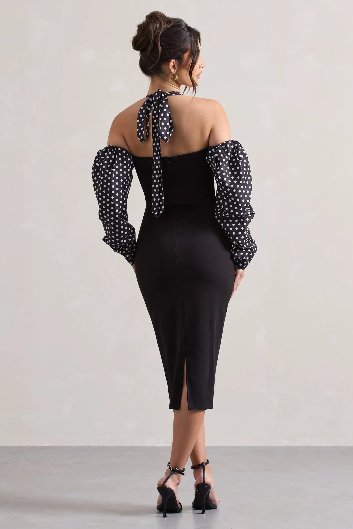 Couture Client Black & White Polka Dot Halter-Neck Puff Sleeve Midi Dress