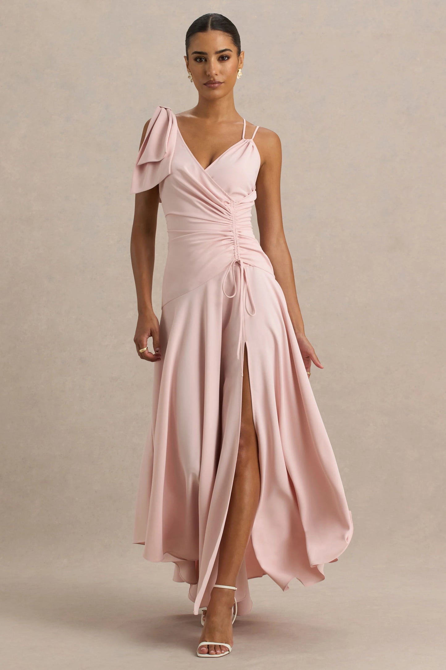 Julieta Baby Pink Asymmetric-Neck Maxi Dress With Bow Detail And Open-Back