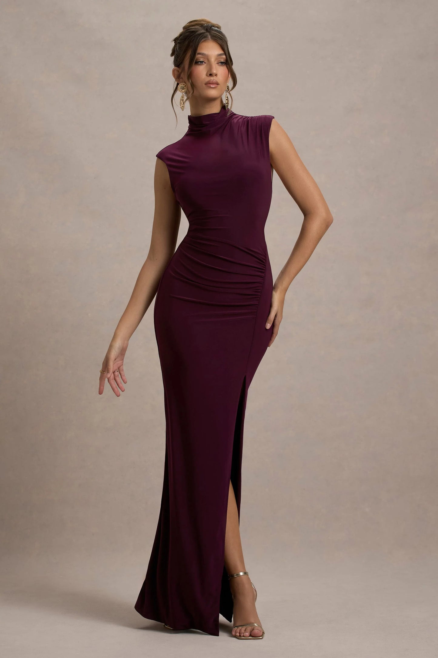 Lanetta Plum Ruched High-Neck Maxi Dress With Split