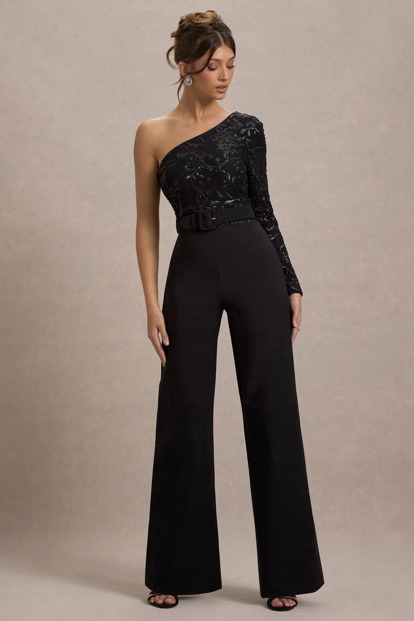 Upgrade Black Lace Asymmetric Belted Wide-Leg Jumpsuit