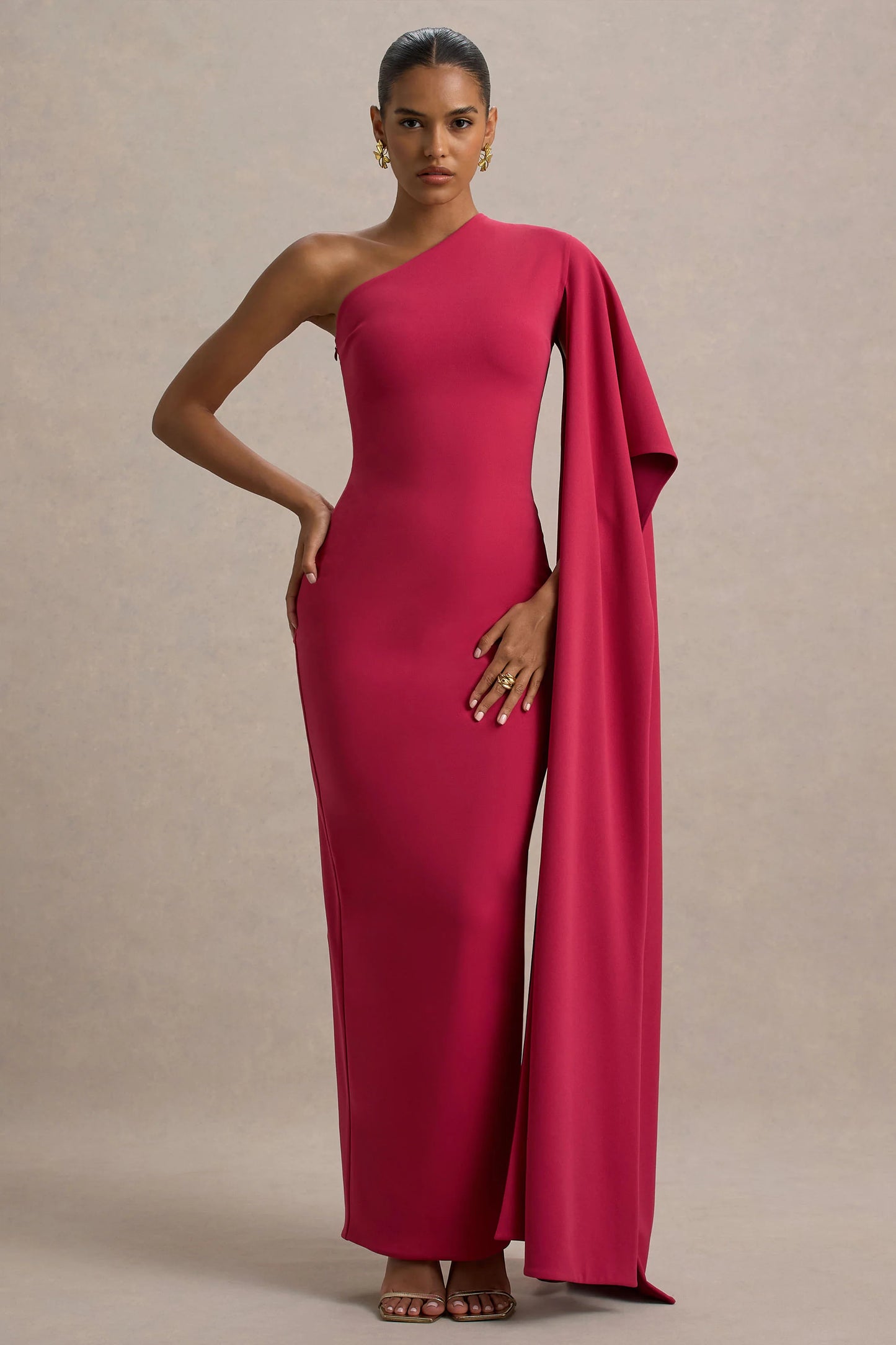 Lily Hot Pink & Burgundy Asymmetric Maxi Dress With Cape Sleeve