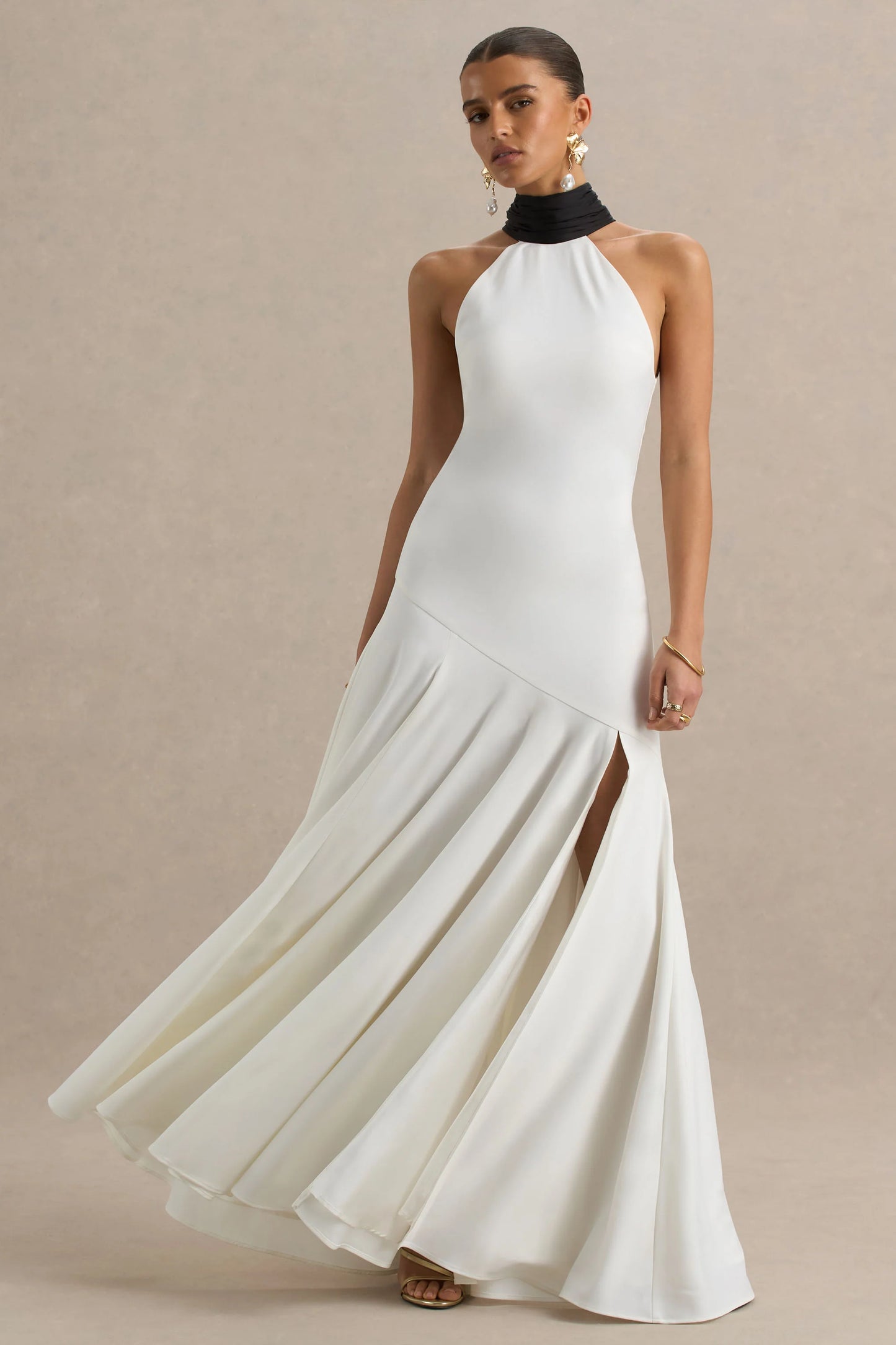 Luscious White And Black High-Neck Maxi Dress With Drop-Waist And Bow Detail